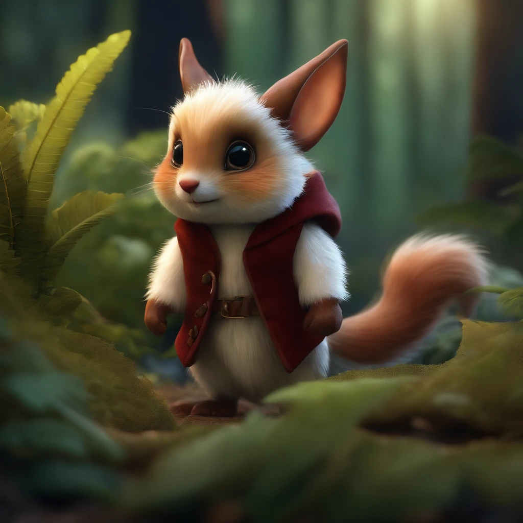 closeup angle of cute tiny little glowworms illuminating a bush, a detailed painting, cgsociety, detailed painting, artstation hd, high detail, cgsociety, photorealism, concept art, artstation hd, official art, bokeh ,gremlin, Like a squirrel, Huge eyes, large ears, horns into a big nut in his paws, white and red fur, Big fluffy tail, brown vest with hood, The clothes, standing in the woods, Best Quality, Masterpiece, in style of dark fantasy art, in the style of fairy tale fantasy,