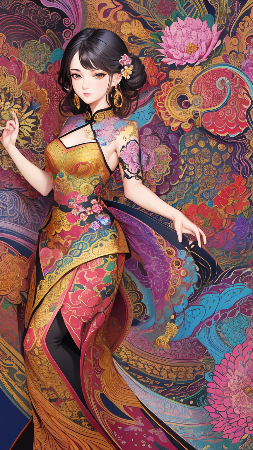 (masterpiece, top quality, best quality, official art, beautiful and aesthetic:1.2), (1girl:1.3), extremely detailed,(fractal art:1.1),(colorful:1.1)(flowers:1.3),highest detailed,(zentangle:1.2), (dynamic pose), (abstract background:1.3), (chinese Traditional cloth:1.2), (shiny skin), (many colors:1.4), ,(earrings:1.4),