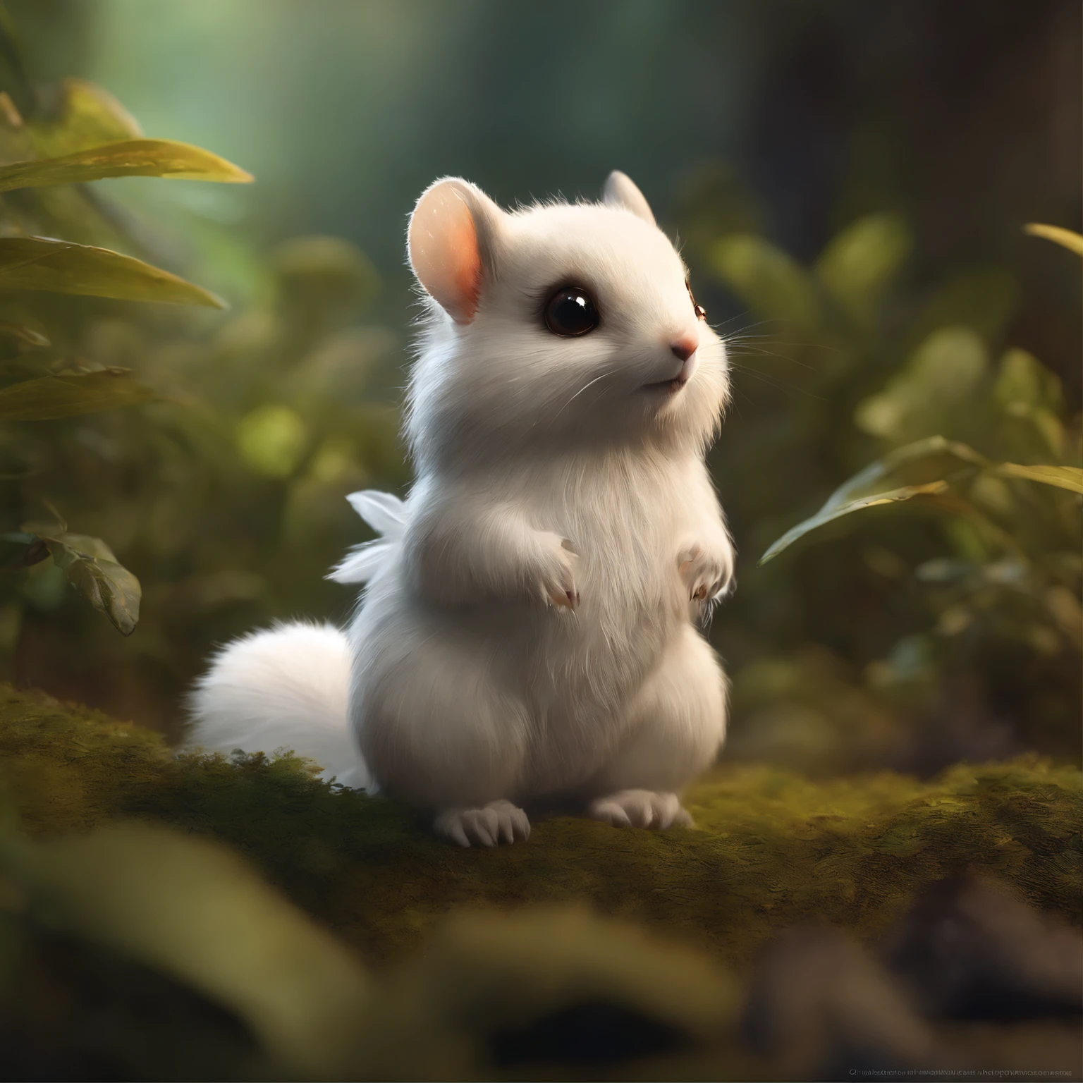 closeup angle of cute tiny little glowworms illuminating a bush, a detailed painting, cgsociety, detailed painting, artstation hd, high detail, cgsociety, photorealism, concept art, artstation hd, official art, bokeh   ,gremlin, Like a squirrel, Huge eyes, Large tasseled ears, big nut in paws, white and red fur, Big fluffy tail, brown vest with hood, The clothes, stands in the summer forest, Best Quality, Masterpiece, in style of dark fantasy art