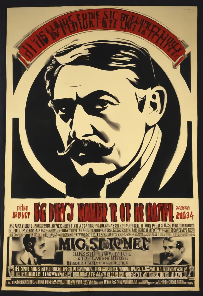 A photo of the imposing figure of Big Brother on a propaganda poster, with the slogan 'War is Peace, Freedom is Slavery, Ignorance is Strength' in bold letters,1984 novel,He is often just depicted in television broadcasts and on Propaganda Posters in a Soviet Artstyle. 

Big Brother is depicted as an imposing and authoritative figure, whose image is constantly displayed on posters and telescreens throughout Oceania. The Party's propaganda presents him as a larger-than-life leader, evoking a sense of power and control. His face is described as having a stern and watchful expression, which adds to the atmosphere of surveillance and scrutiny.

The iconic image associated with Big Brother features a man with a heavy mustache and a commanding gaze. His eyes are often described as piercing and seem to follow the citizens wherever they go. The Party's slogan, "Big Brother is watching you," reinforces the idea that his gaze is all-seeing and omnipresent.

It's important to note that the physical appearance of Big Brother is intentionally left somewhat ambiguous in the novel. This ambiguity serves to emphasize the symbolic nature of Big Brother as a representation of the Party and its ideology.

Propaganda Posters: The propaganda posters in Oceania feature a stylized image of Big Brother's face. The posters are often large and striking, designed to catch the attention of passersby. Big Brother's face is usually depicted in black and white, with sharp, defined features. His eyes, in particular, are portrayed as intense and penetrating. They seem to follow the viewer, creating a sense of constant surveillance. The stern expression on Big Brother's face communicates his authority and power. The posters often carry slogans or messages that promote loyalty to the Party or warn against thoughtcrime, reinforcing the idea that Big Brother is watching and that any disobedience will be detected and punished.

Telescreens: Telescreens are ubiquitous in Oceania and serve as a tool of constant surveillance and propaganda. These two-way communication devices transmit both audio and video, allowing the Party to monitor the actions and conversations of the citizens. Big Brother's face appears on telescreens at regular intervals, interrupting normal programming. The screen fills with an image of Big Brother, and his eyes seem to bore into the viewer. This interruption serves as a reminder that the citizens are constantly being watched and reinforces the Party's control over their lives. The telescreens also broadcast Party propaganda and speeches, with Big Brother's face often accompanying these messages, further cementing his role as the figurehead of the Party's ideology.

In both the propaganda posters and on telescreens, Big Brother's face is portrayed as a symbol of authority, surveillance, and control. The intense gaze and stern expression are meant to create a sense of unease and remind the citizens of the constant monitoring and manipulation they are subjected to. These visual representations of Big Brother serve as a constant reminder of the Party's power and the consequences of deviating from its doctrines.

His face resembles this of Oswald Mosely but with a bigger mustache., male