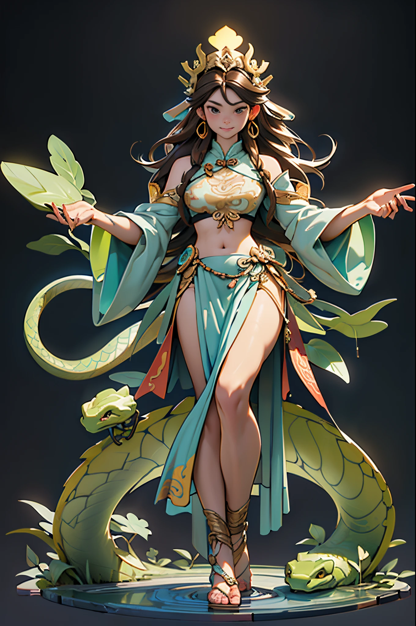 ((Sculpture design)),((full body portrait of person)),((undying)),((tmasterpiece)),(entire body image:1.6,Full body photo:1.6,From the feet to the top of the head:1.6),【Create a logo based on:femele(Nu wa),(goddess with human body and snake tail:1.5),(The lower body is a serpentine tail:1.6),(Chinese mythology),(Goddess Fan),(Jessica Alba:1.4),(gentleness),(maternal),(mature),(Perfect woman),(Long brown hair:1.4),big earrings,graceful stance,Dunhuang clothes,Dunhuang skirt,((Delicate and intricate headdress)),((symbol of god)),Great Wilderness East Meridian:0.4】,((tangled,datura,Tangles,entangled)),(Computer graphic arts:1.4), (s fractal art: 1.3),(( Best quality at best,32K,Highest high resolution,hyper HD,)), (( Professional Quality,Perfect photography, ray traycing, perfect volumetric lighting, hight quality octane render, High quality vectors)), ((Complicated details,hyper-detailing:1.2,Intricate details:1.2)), ((Ultra photo realsisim,photorealestic,3Drenderingof)),((epic image)),(Blind box toy style:1.5),((simple backgound,deep dark background:1.2,with black background)),详细的脸, 詳細な目,Clean skin,(correct hand:1.6),(Complete and beautiful five fingers:1.6),(anatomically correct limbs:1.5),(Anatomically correct perspective and occlusion:1.5),(Correct anatomy:1.5),(Add a base:1.6),(base:1.6),((base:water element and earth element)),((Less skin exposure)),