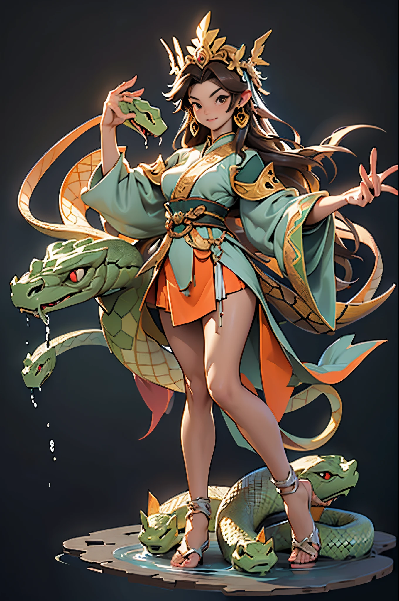 ((Sculpture design))，((full body portrait of person))，((undying))，((tmasterpiece))，(entire body image:1.6，Full body photo:1.6，From the feet to the top of the head:1.6)，【Create a logo based on：1female，Nu wa(goddess with human body and snake tail:1.6)，(Replace legs with snake tails:1.6)，(Chinese mythology)，(Goddess Fan)，(gentleness)，(maternal)，(mature)，(Perfect woman)，(Long brown hair:1.4)，big earrings，graceful stance，Dunhuang clothes，Dunhuang skirt，((intricate headpiece))，((symbol of god))，Great Wilderness East Meridian:0.4】，（(tangled，datura，Tangles，entangled)），(Computer graphic arts:1.4)， (s fractal art: 1.3)，(( Best quality at best，32K，Highest high resolution，hyper HD，))， (( Professional Quality，Perfect photography， ray traycing， perfect volumetric lighting， hight quality octane render， High quality vectors))， ((Complicated details，hyper-detailing:1.2，Intricate details:1.2))， ((Ultra photo realsisim，photorealestic，3Drenderingof))，((epic image))，(Blind box toy style：1.6)，((simple backgound，deep dark background:1.2，with black background))，详细的脸, 詳細な目，Clean skin，（correct hand：1.6），（Complete and beautiful five fingers：1.6），（Anatomically correct head-to-body proportions:1.5），(Anatomically correct perspective and occlusion：1.5)，（Correct ???????：1.5），(Add a base:1.6)，(Thick base:1.6)，((water element base:1.4))，((Less skin exposure))，((The character is centered))，((wide angles))，