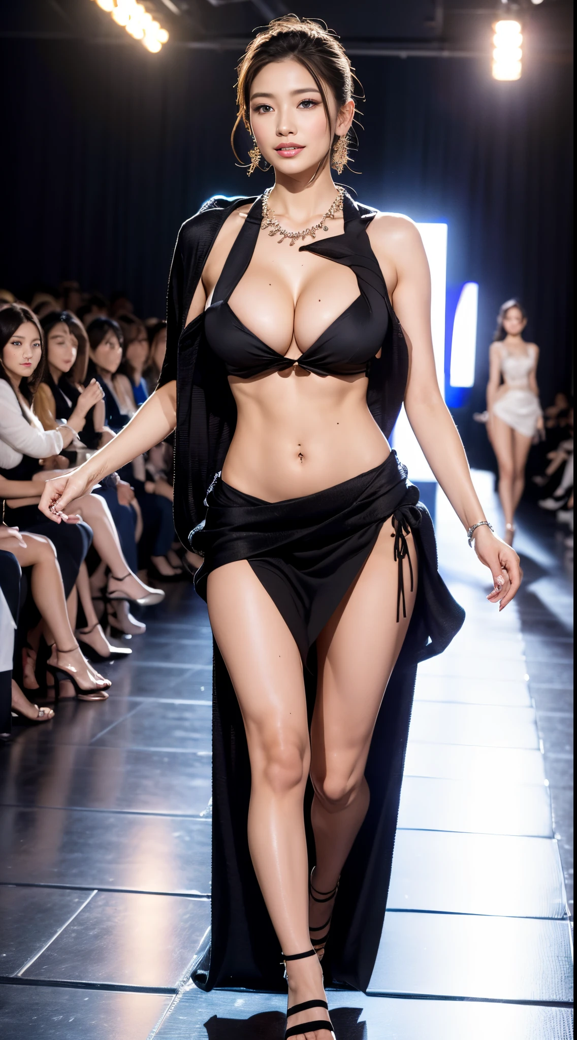 nsfw, 8k, best quality, highres, realistic, real person, A dynamic scene of a female model walking confidently down a runway, surrounded by a large audience under bright lights. The model is elegantly dressed in a high-fashion outfit, with the spotlight focused on her. She exudes confidence and grace as she strides forward. The audience is captivated, and the atmosphere is vibrant and glamorous, capturing the essence of a high-end fashion show. Sheath dress, statement necklace, Big breasts, cleavage, beautiful legs, long beautiful legs, beautiful waist, exposed belly button