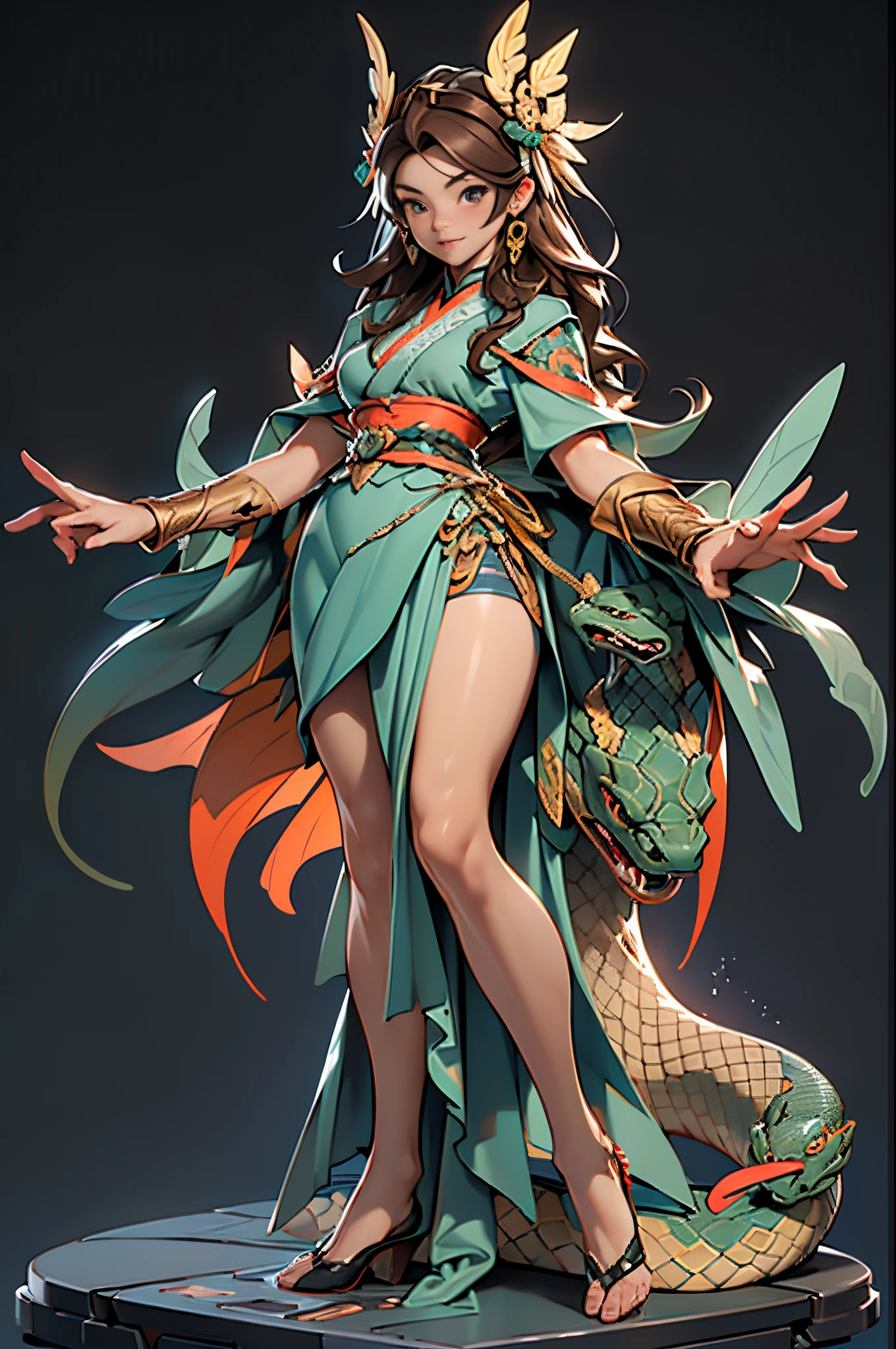((Sculpture design)),((full body portrait of person)),((undying)),((tmasterpiece)),(entire body image:1.6,Full body photo:1.6,From the feet to the top of the head:1.6),【Create a logo based on:1female,Nu wa(goddess with human body and snake tail:1.6),(Replace legs with snake tails:1.6),(Chinese mythology),(Goddess Fan),(gentleness),(maternal),(mature),(Perfect woman),(Long brown hair:1.4),big earrings,graceful stance,Dunhuang clothes,Dunhuang skirt,((intricate headpiece)),((symbol of god)),Great Wilderness East Meridian:0.4】,((Fluttering skirt)),(Computer graphic arts:1.4), (s fractal art: 1.3),(( Best quality at best,32K,Highest high resolution,hyper HD,)), (( Professional Quality,Perfect photography, ray traycing, perfect volumetric lighting, hight quality octane render, High quality vectors)), ((Complicated details,hyper-detailing:1.2,Intricate details:1.2)), ((Ultra photo realsisim,photorealestic,3Drenderingof)),((epic image)),(Blind box toy style:1.6),((simple backgound,deep dark background:1.2,with black background)),详细的脸, 詳細な目,Clean skin,(correct hand:1.6),(Complete and beautiful five fingers:1.6),(Anatomically correct head-to-body proportions:1.5),(Anatomically correct perspective and occlusion:1.5),(Correct anatomy:1.5),(Add a base:1.6),(complex base:1.6),((Rock base:1.4)),((Less skin exposure)),((The character is centered)),((wide angles)),