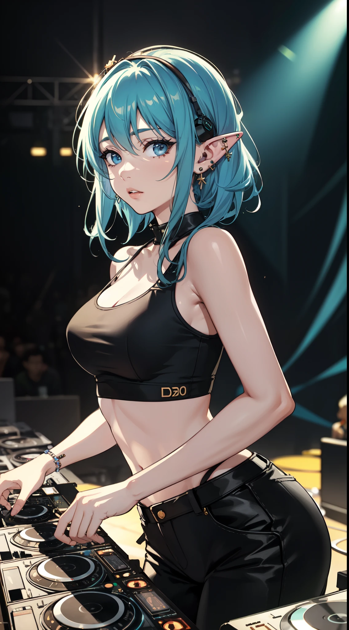 (masterpiece), (best quality), (ultra detailed), (illustration), Concept Art, Cinematic Lighting, Elf as dj player, (elf), (1girl), beautiful detailed eyes, deep blue eyes, delicate beautiful face, (shaved hair), Cargo Pants and Tank Top, Various accessories, (ear piercing), punky style, stage, (depth of field:1.2), (blurry background:1.2), art style by Yusuke Murata, by Artgerm, by Alphonse mucha