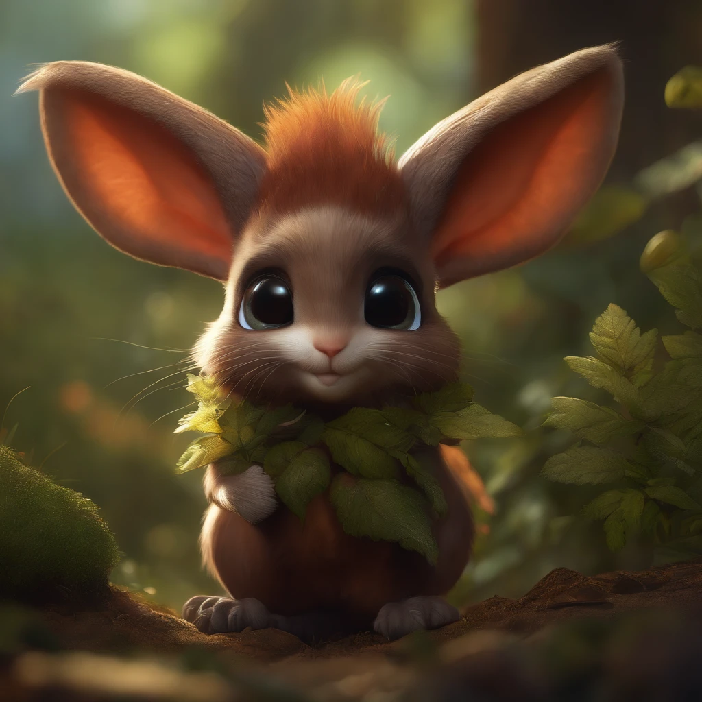 closeup angle of cute tiny little glowworms illuminating a bush, a detailed painting, cgsociety, detailed painting, artstation hd, high detail, cgsociety, photorealism, concept art, artstation hd, official art, bokeh ,gremlin, Like a squirrel, Huge eyes, Large tasseled ears, horns near the ears, big nut in paws, five toes on paws, white and red fur, Big fluffy tail, brown vest with hood, The clothes, standing in the woods, Best Quality, Masterpiece, in style of dark fantasy art