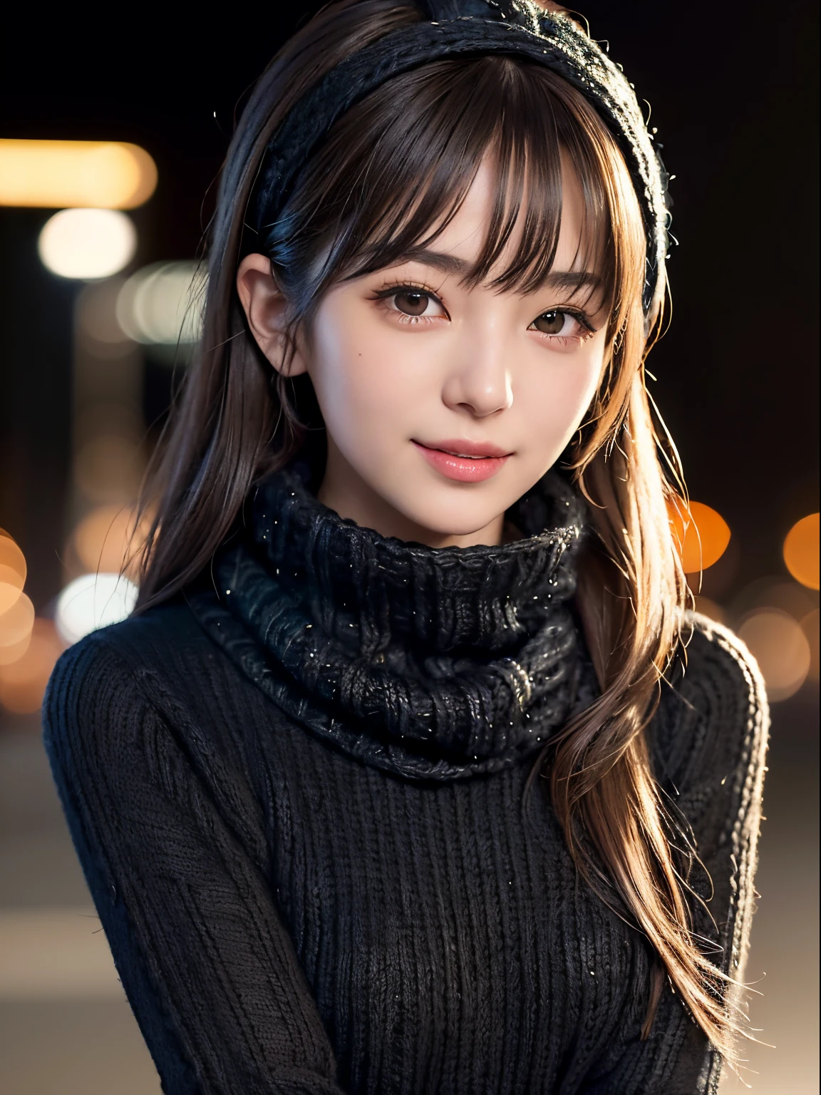 masterpiece、1 beautiful girl、A detailed eye、Puffy eyes、top-quality, 超A high resolution, (Realisticity: 1.4), cinematlic lighting、Asian Beauty、Korea person、Super beauty、Beautiful skin、A slender、The body is facing forward、(A hyper-realistic)、(hight resolution)、(8K)、(ighly detailed)、(beautifully detailed eyes)、(ultra-detailliert)、 (wall-)、A detailed face、Bright lighting、profetional lighting、looking at viewert、Facing straight ahead、Black knitwear、oblique bangs、nighttime scene、Brown hair、age19、tall,
