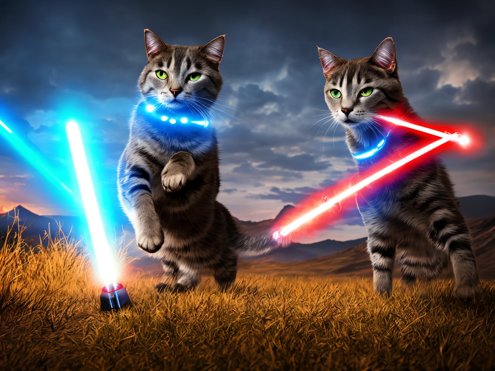 Blue lightsaber wielding dog clashing with red lightsaber wielding cat on volcano like landscape