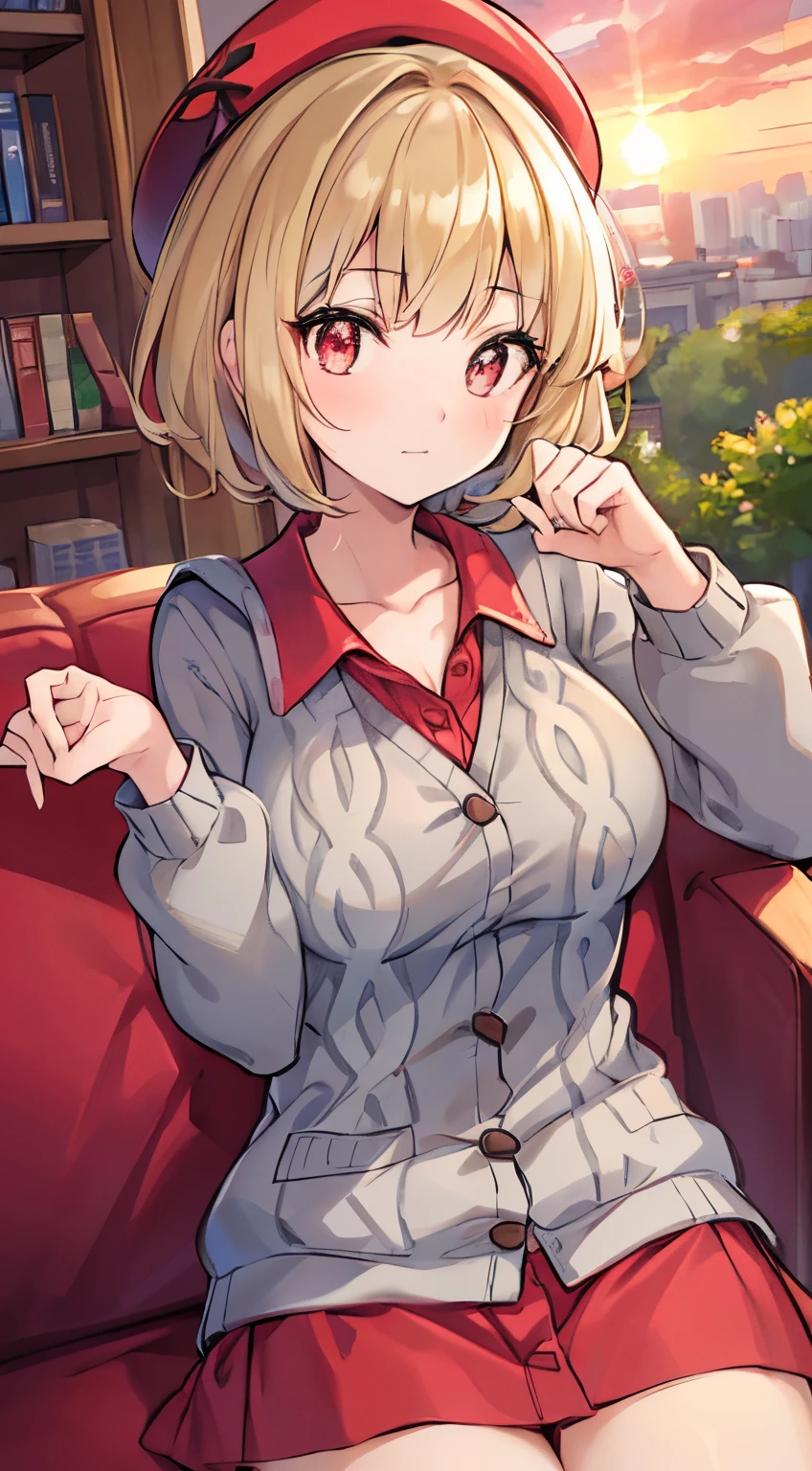 (masterpiece,best quality,highres,8k,ultra detailed,super fine illustration),nsfw,looking away,upper body,girl,blonde short hair,wavy hair,blunt bangs,ahoge,(red eys),sparkling pupils,(gray basque beret),(gray polo shirt inside red cable knit cardigan), sweater,large breasts,pointy breasts,selfie,sit in a sofa,paw pose,sunset,coffee shop