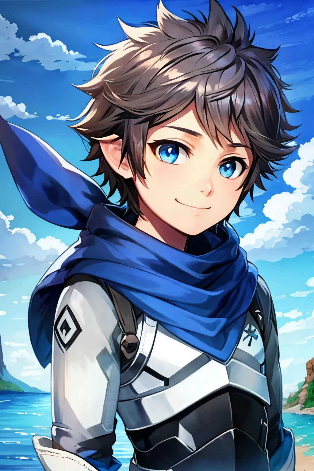 (high-quality, breathtaking),(expressive eyes, perfect face), 1boy, male, solo, armor, blue scarf, young boy, auburn hair, brown color hair , deep blue coloured eyes,( watercolor \(medium\), blue sky background, water, small smile