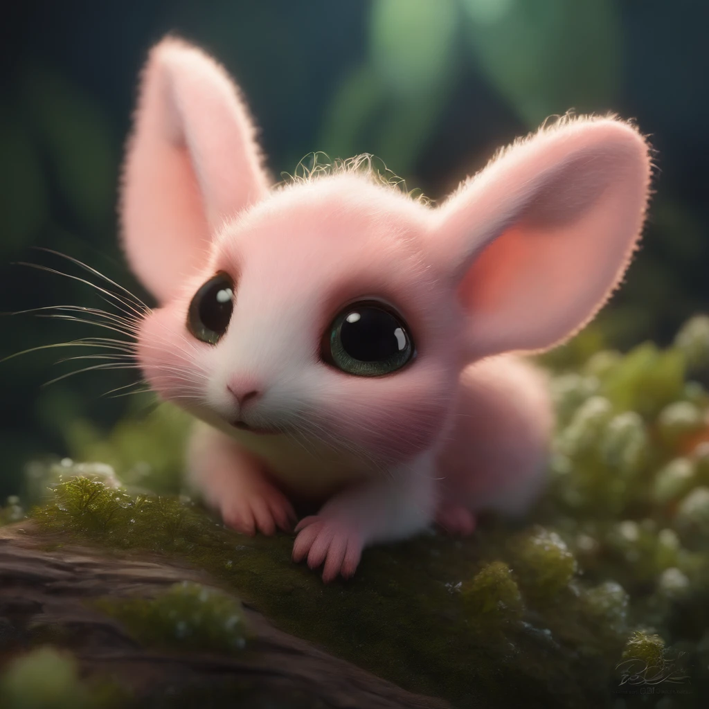 closeup angle of cute tiny little glowworms illuminating a bush, a detailed painting, cgsociety, detailed painting, artstation hd, high detail, cgsociety, photorealism, concept art, artstation hd, official art, bokeh ,gremlin, Like a squirrel, girl, big breastes, Huge eyes, large ears, big carrot in paws, white and pink fur, short tail, pink wool coat, The clothes, Best Quality, Masterpiece, in style of dark fantasy art