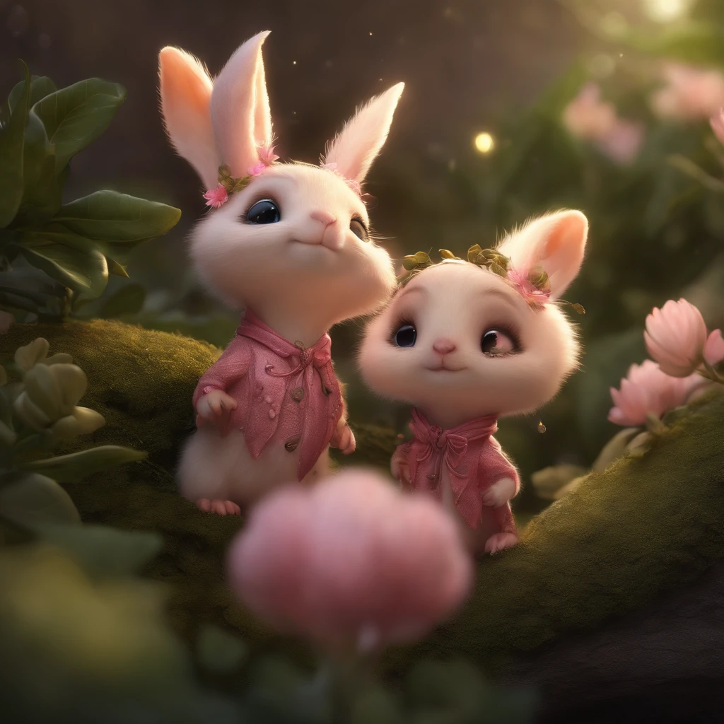 closeup angle of cute tiny little glowworms illuminating a bush, a detailed painting, cgsociety, detailed painting, artstation hd, high detail, cgsociety, photorealism, concept art, artstation hd, official art, bokeh ,gremlin, Like a squirrel, petite girl, big breastes, Huge eyes, large ears, big carrot in paws, white and pink fur, short tail, pink wool coat, The clothes, Best Quality, Masterpiece, in style of dark fantasy art