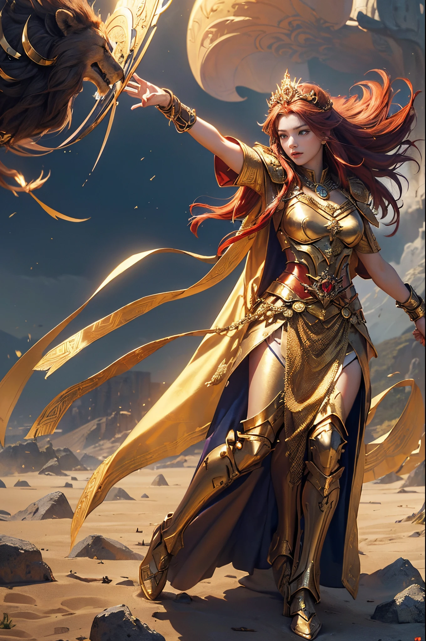 ((masterpiece)))、(((top-quality)))、((ultra-detailliert))、(A hyper-realistic)、(highly detailed CGillustration)、Official art、lion motif、Gold and red tones、Fantasia、Ancient mythology、Ancient Mesopotamia、Eventide、battle field、Mystical、solemnity、An majestic、Best Quality, master piece、Eventide、Ishtar, Goddess of War、battlefield commander、guardian of babylon、Increase your fighting spirit、Invincible Great General、Awe-inspiring Hall々、brave、honor of babylon、Treasure of Babylon、veteran hero、Slender eyes、matchless beauty、Rin々Right、Guardian of the Lion、refinement、noble、Proud、Wearing noble jewelry、Equip your weapons、The appearance is luxurious and golden armor、Cloak in the wind、Tall and lean、Perfect model body shape、fiery red long hair、Perfect Angle、perfect-composition、low angles、full body Esbian