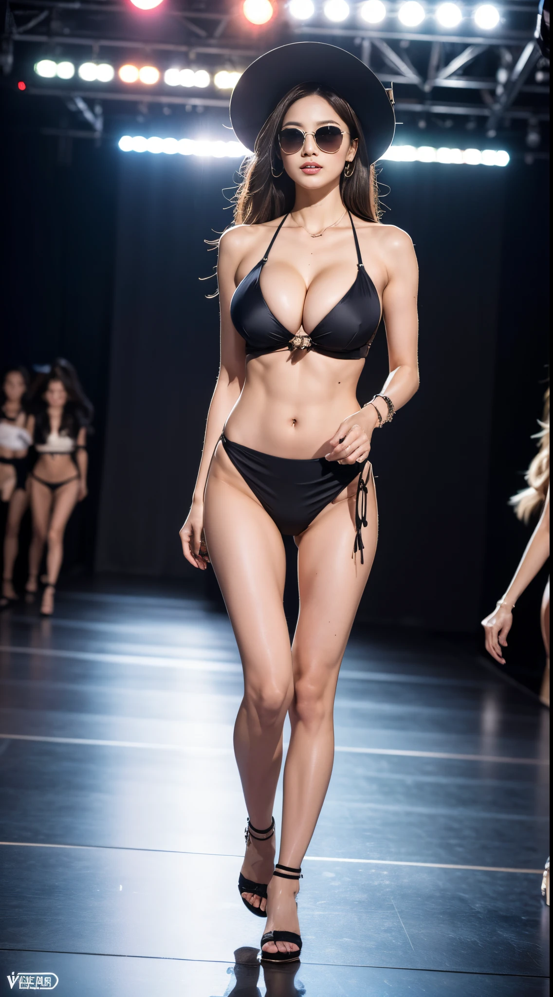 nsfw, 8k, best quality, highres, realistic, real person, A dynamic scene of a female model walking confidently down a runway, surrounded by a large audience under bright lights. The model is elegantly dressed in a high-fashion outfit, with the spotlight focused on her. She exudes confidence and grace as she strides forward. The audience is captivated, and the atmosphere is vibrant and glamorous, capturing the essence of a high-end fashion show. High-waisted bikini, wide-brim hat, oversized sunglasses, Big breasts, cleavage, beautiful legs, long beautiful legs, beautiful waist, exposed belly button