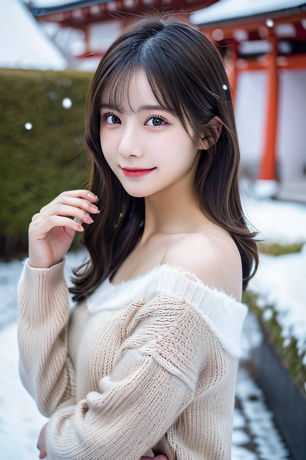 (top-quality, masterpiece:1.3, high resolution,), randome pose, (ultra-detailliert,Caustics),(Photorealsitic:1.4,RAW shooting,) Ultra-realistic capture,A highly detailed,High resolution 16K human skin closeup, Skin texture is natural, The skin looks healthy with an even tone, Use natural light and color, 1 girl, japanes, 23years old, kawaii, A dark-haired, Middle hair, smil, (depth of fields, chromatic abberation, Wide range of lighting, Natural Shading), Winters, snow landscape, shoulder-length sweater,lacepantyhose, white underwear, pink knit jumper dress