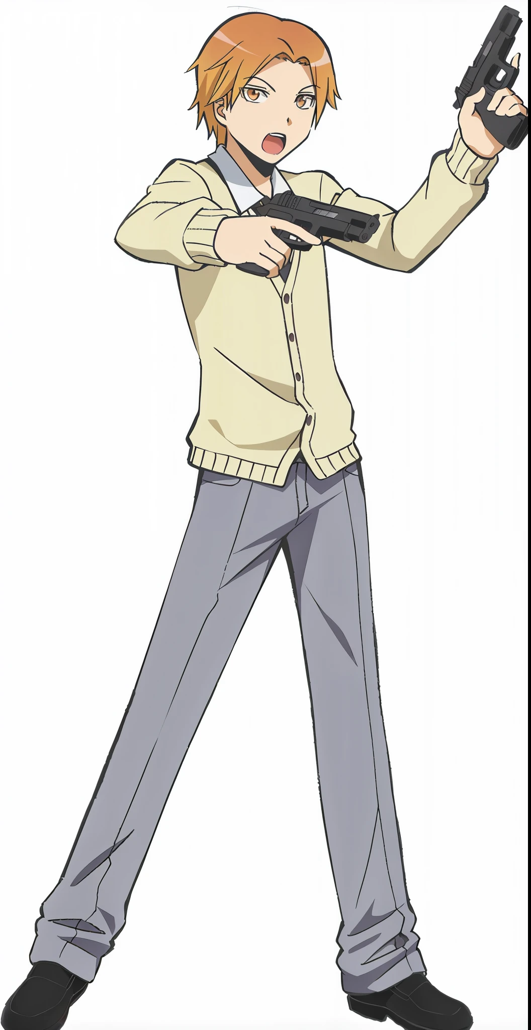 personagem de anime com arma apontando para algo no ar, estilo miura kentaro, single character full body, Estilo Kentaro Miura, Hideaki ano anime, full body single character, Kentaro Miura estilo de arte, pose de anime bonito, anime full body illustration, cara de anime alto com olhos azuis, kentaro miura manga style, personagem de anime masculino