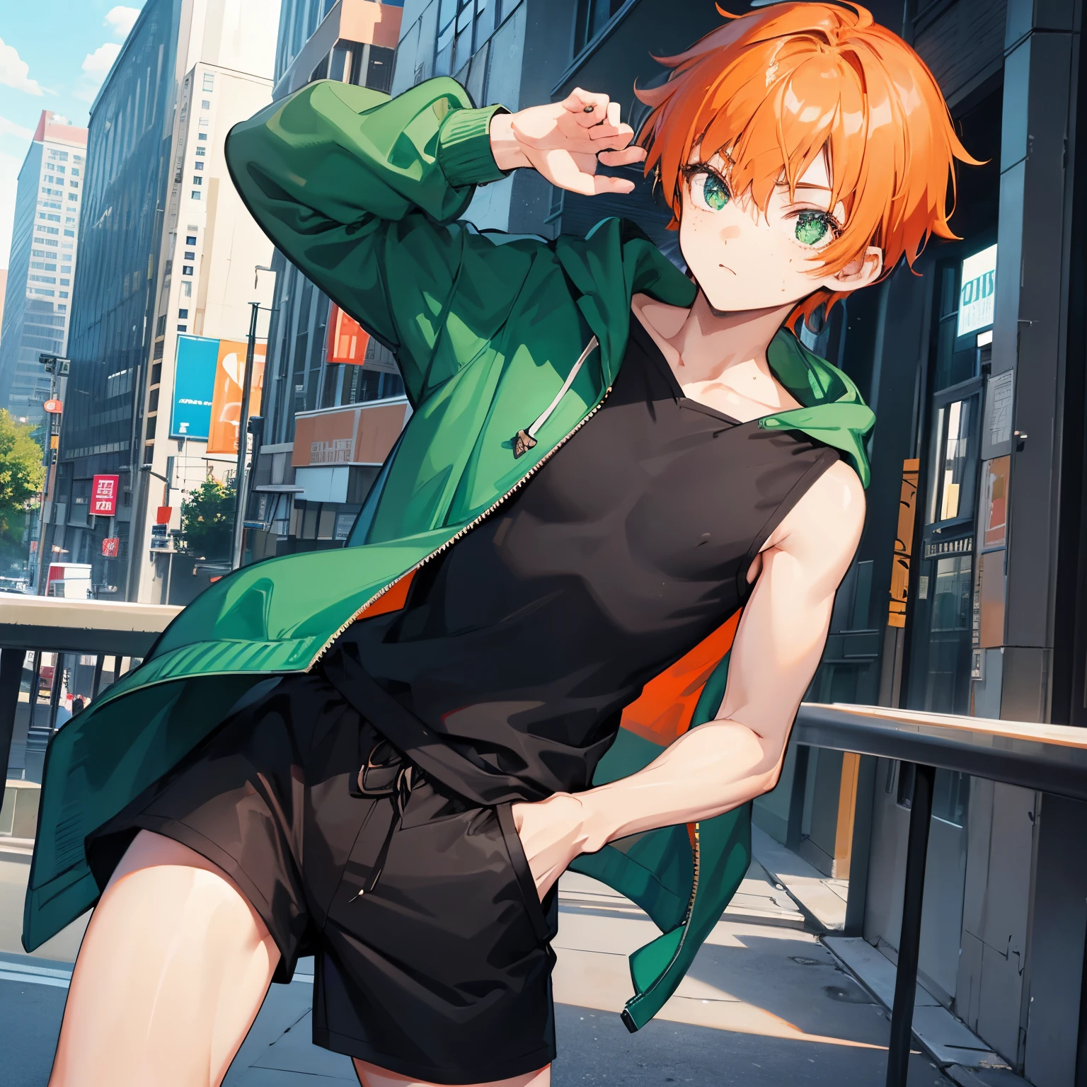 1boy, detailed face, detailed eyes, solo, orange hair, short hair, emerald eyes, (freckles;1.5), green hoodie, sleeveless hoodie, black shorts, outdoors, city