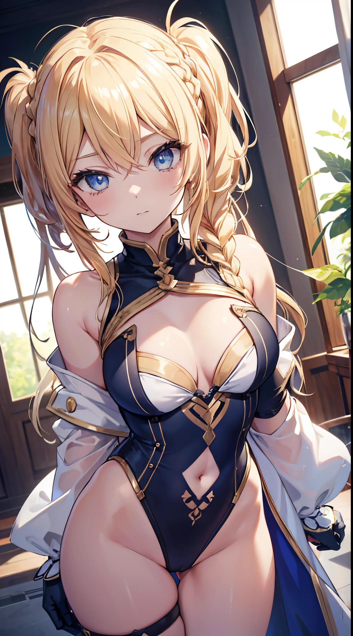 Bradamante, Bradamante, Blonde hair, Blue eyes, braid, french braids, Long hair, Twin-tailed, two side up, break covered navel, elbow groves, gloves, Leotard, Thigh strap, BREAK looking at viewer, Break indoors, BREAK (masutepiece:1.2), Best Quality, High resolution, Unity 8k壁纸, (Illustration:0.8), (Beautiful detailed eyes:1.6), extra detailed face, Perfect Lighting, extremely details CG, (Perfect hands, Perfect Anatomy),