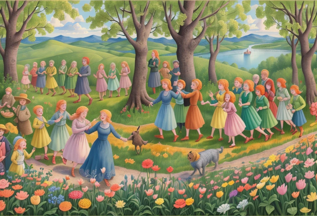 by Elsa Beskow, spring, joyful crowd, intricate, (best quality, masterpiece, Representative work, official art, Professional, unity 8k wallpaper:1.3)