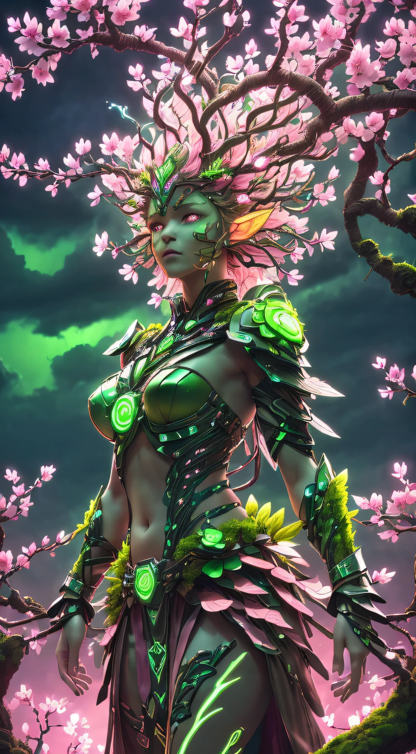 Plant Maiden，metal leaf，Wired branch，glowing light eyes，mechanical bark，bark covered with moss，tribe outfit，majestic figure，(ancient tribal markings)，Control the tendrils extending from the arms，Neon lights dance on the body，(Lightning around branches and leaves)，(peach blossom)，The petals are soft and delicate，Vibrant colors，(A harmonious blend of green and pink)，(Ominous dark clouds in the sky)，Night atmosphere，A futuristic，Vibrant colors and high-contrast lighting，Dramatic shadows and highlights.(Best quality, 4K, 8K, tmasterpiece: 1.2), ultra - detailed, (actual, Shoot real, Shoot real: 1.37)