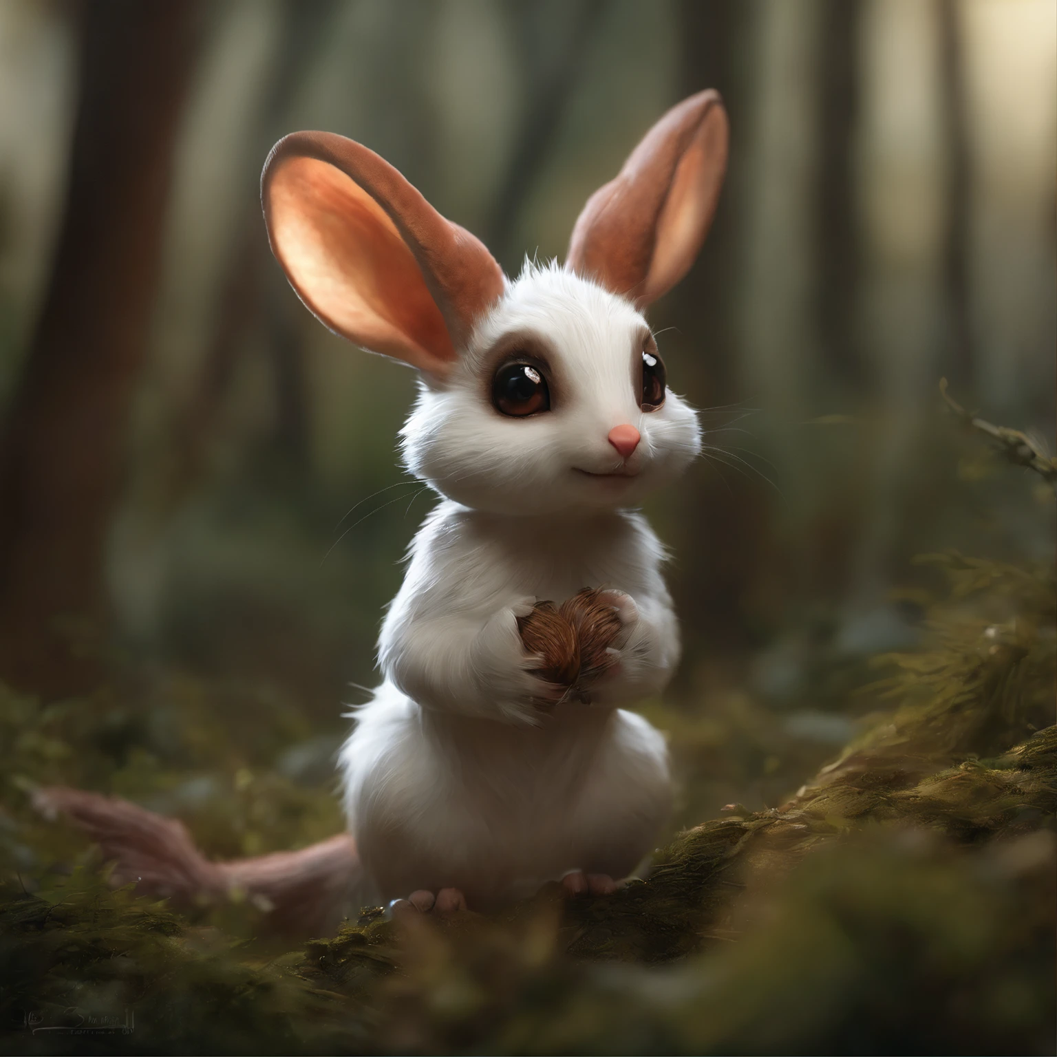 closeup angle of cute tiny little glowworms illuminating a bush, a detailed painting, cgsociety, detailed painting, artstation hd, high detail, cgsociety, photorealism, concept art, artstation hd, official art, bokeh   ,gremlin, Like a squirrel, Huge eyes, Large tasseled ears, horns near the ears, big nut in paws, five toes on paws, white and red fur, Big fluffy tail, brown vest with hood, The clothes, standing in the woods, Best Quality, Masterpiece, in style of dark fantasy art