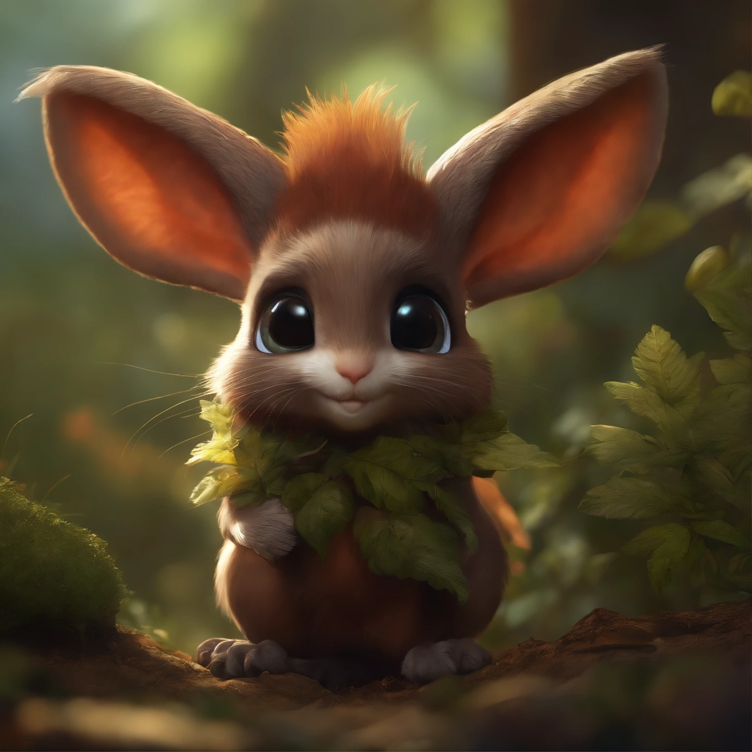 closeup angle of cute tiny little glowworms illuminating a bush, a detailed painting, cgsociety, detailed painting, artstation hd, high detail, cgsociety, photorealism, concept art, artstation hd, official art, bokeh   ,gremlin, Like a squirrel, Huge eyes, Large tasseled ears, horns near the ears, big nut in paws, five toes on paws, white and red fur, Big fluffy tail, brown vest with hood, The clothes, standing in the woods, Best Quality, Masterpiece, in style of dark fantasy art
