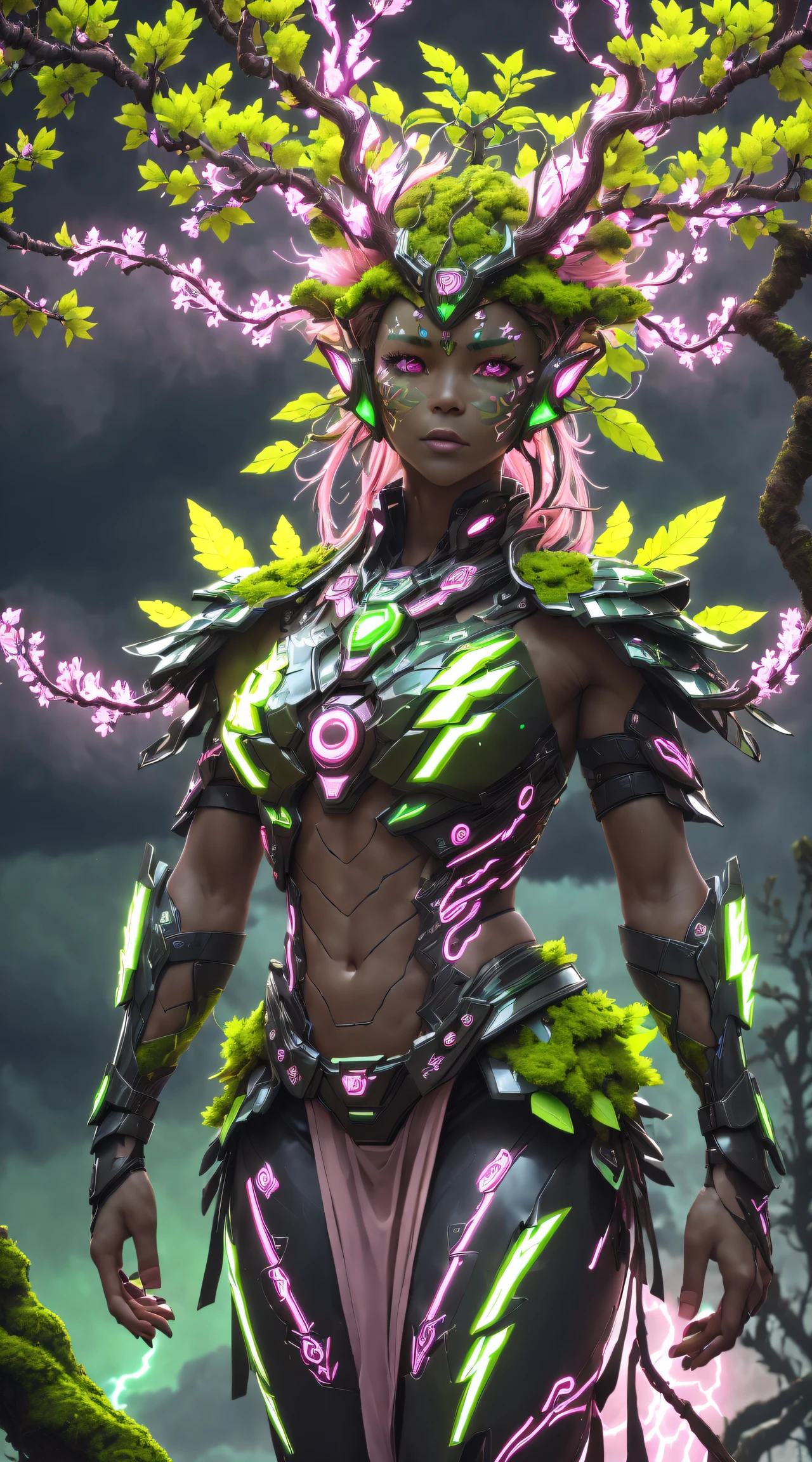 Plant Maiden，metal leaf，Wired branch，glowing light eyes，mechanical bark，bark covered with moss，tribe outfit，majestic figure，(ancient tribal markings)，Control the tendrils extending from the arms，Neon lights dance on the body，(Lightning around branches and leaves)，(peach blossom)，The petals are soft and delicate，Vibrant colors，(A harmonious blend of green and pink)，(Ominous dark clouds in the sky)，Night atmosphere，A futuristic，Vibrant colors and high-contrast lighting，Dramatic shadows and highlights.(Best quality, 4K, 8K, tmasterpiece: 1.2), (actual, Shoot real, Shoot real: 1.37)