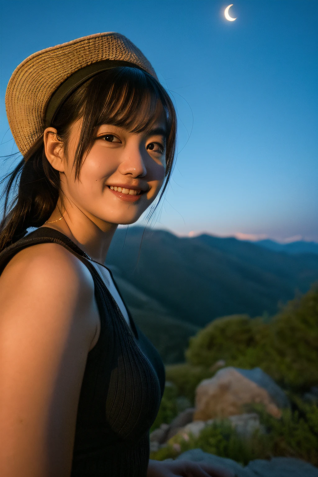 (top-quality, masterpiece:1.3, high resolution,), randome pose, (ultra-detailliert,Caustics),(Photorealsitic:1.4,RAW shooting,) Ultra-realistic capture,A highly detailed,High resolution 16K human skin closeup, Skin texture is natural, The skin looks healthy with an even tone, Use natural light and color, 1 girl, japanes, 23years old, kawaii, A dark-haired, Middle hair, smil, (depth of fields, chromatic abberation, Wide range of lighting, Natural Shading), ((upper body selfie)), outdoors, (night), mountains, nature, (stars, moon) cheerful, happy, backpack, mountain boots, gloves, sweater, hat, flashlight, forest, rocks, river, wood, smoke, shadows, contrast, clear sky, analog style (look at viewer:1.2) (skin texture) (film grain:1.3), (warm hue, warm tone)