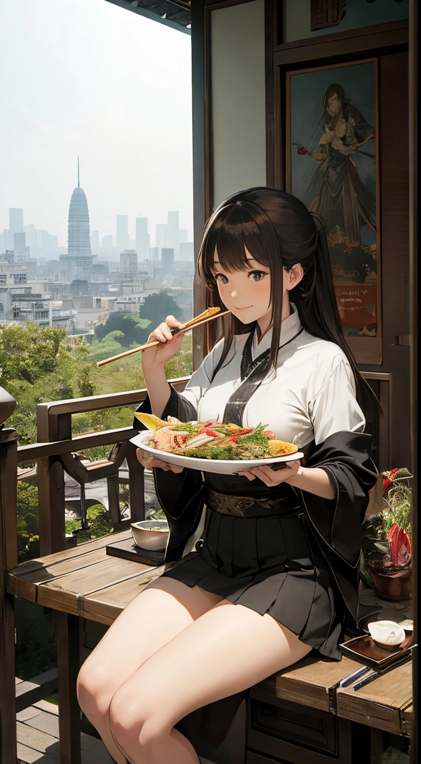 Arthur Rackham, Shigeru Tamura, Surreal, mysterious, bizarre, fantastical, fantasy, Sci-fi, Japanese anime, sightseeing trip to Vietnam, beautiful high school girl in a miniskirt looking happy eating large Vietnamese noodles, perfect voluminous body, Hanoi cityscape, detailed masterpiece
