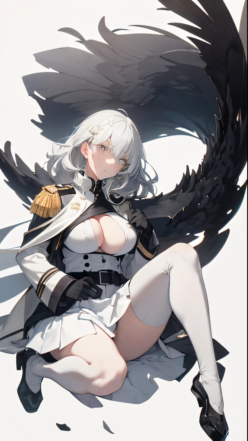 【Highest Quality, masutepiece】 [girl, expressioness, pale gray eyes, front facing, pale gray hair, Upper body] (Gray white background:1.7), 1girl in, Full body, White one-piece military uniform, Pale white head of hair,(masutepiece:1.2, Best Quality), (finely detailed beautiful eye: 1.2), (beautifull detailed face), High contrast, (Best Illumination, extremely delicate and beautiful), ((Cinematic Light)), Hyper Detail, Dramatic light, Shining eyes, long hair flowing with the wind, large full breasts、Belt under boobs、White military uniform, White skirt,assault rifle,