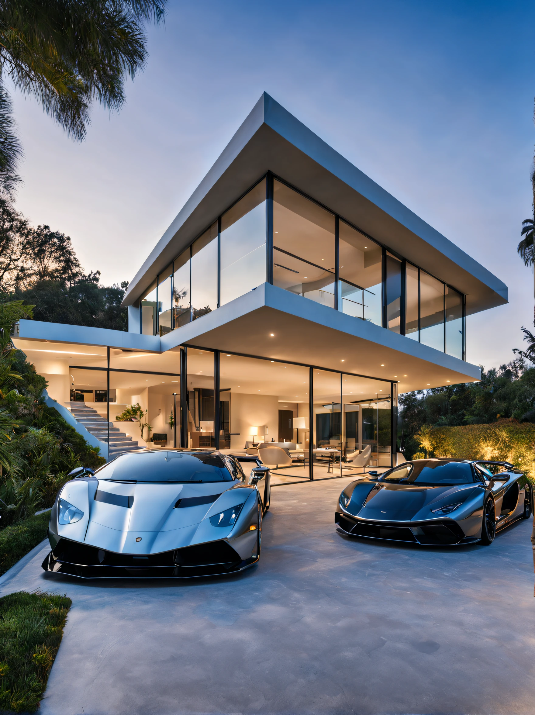 miami style house in california, glass house with a sloping roof, (parking, super car: 1.2), modern mansion, (RAW photo, real, best quality, masterpiece), perfect lighting, archdaily, day-time