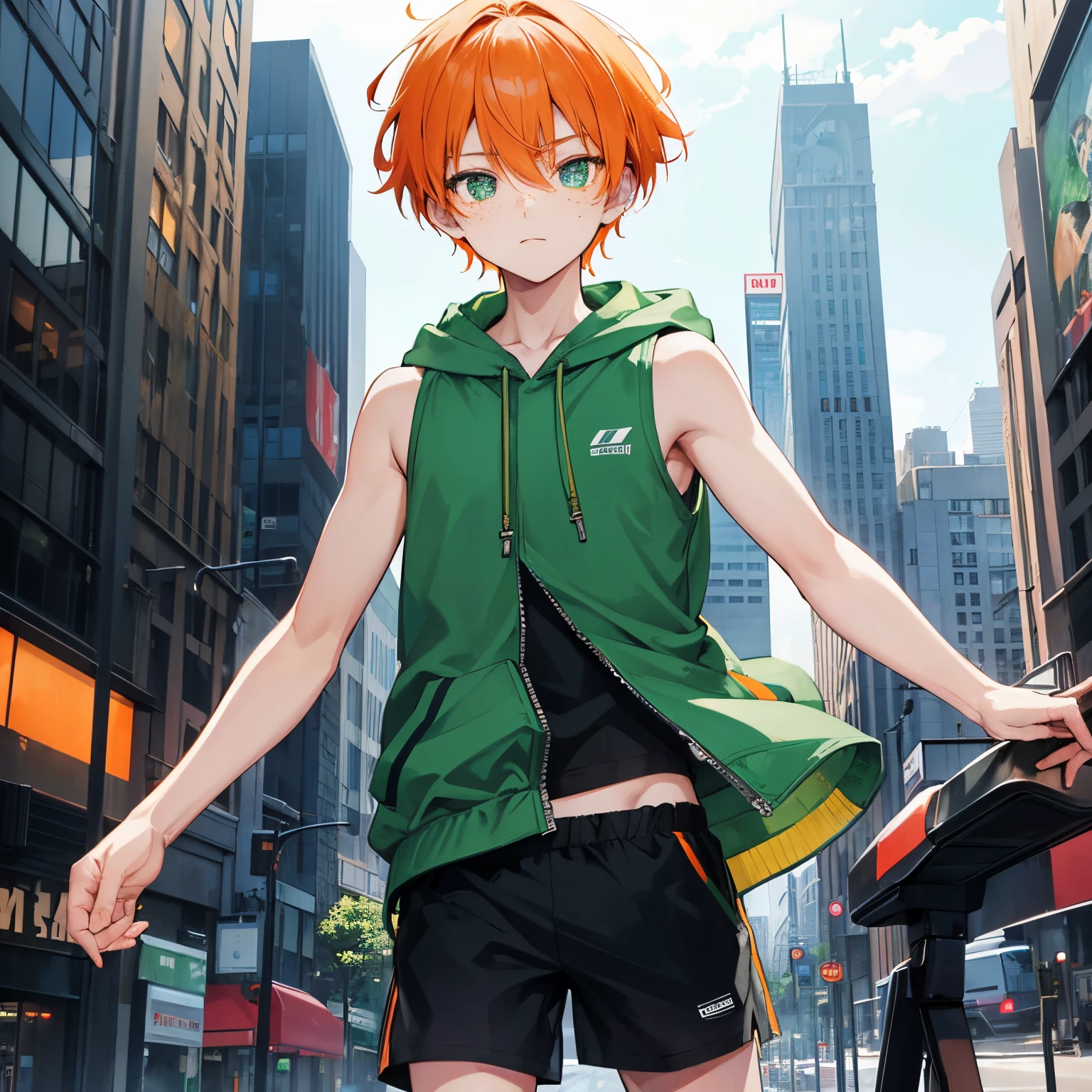 1boy, detailed face, detailed eyes, solo, orange hair, short hair, emerald eyes, (freckles;1.5), green hoodie, sleeveless hoodie, black shorts, outdoors, city