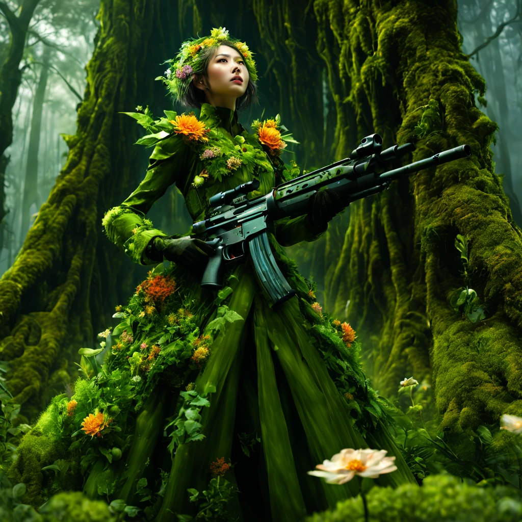 middle,(a girl made of fresh,Holding a sniper rifle made of plants and aiming at the target,Sniper rifle made from green plants,Body covered with flowers and plants,plant high heels,Plant hair,Plant clothes),blossoms,age-old tree,ln the forest,(globalillumination、Ray traching、HDR、Unrealistic rendering、Rational design、tmasterpiece、best qualtiy、hyper HD、cinmatic lighting,anatomy correct,Facial features of beautiful Korean women)
