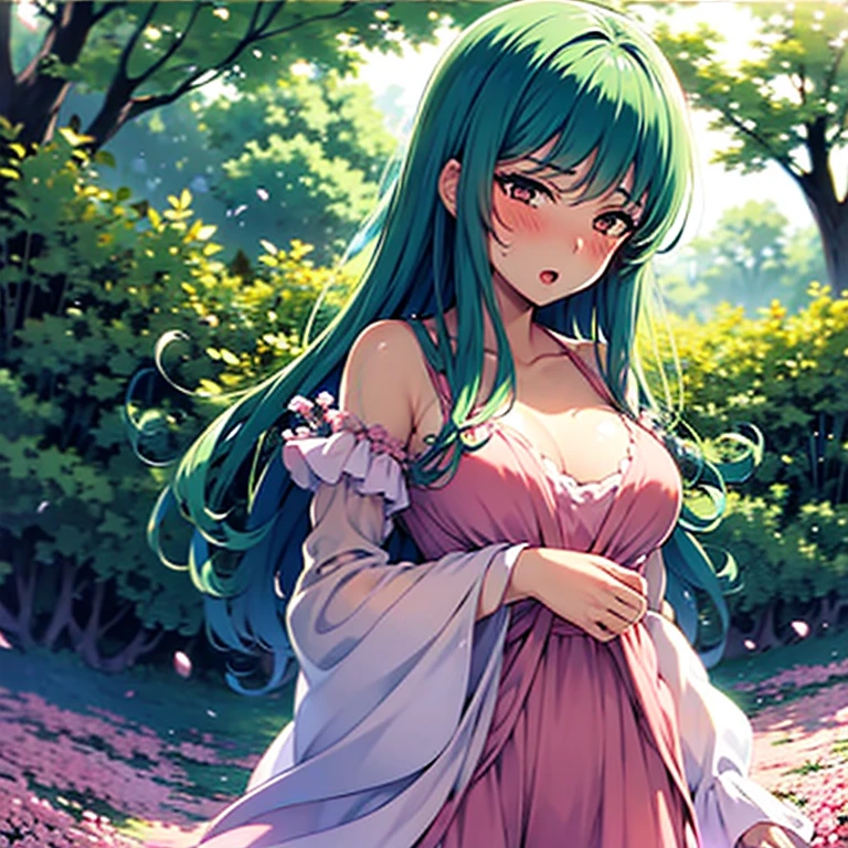 (best quality,ultra-detailed,realistic:1), Girl's Blush Amidst a Field of Luscious Flowers, Serene Nature All Around, Soft Sunlight Peeking Through