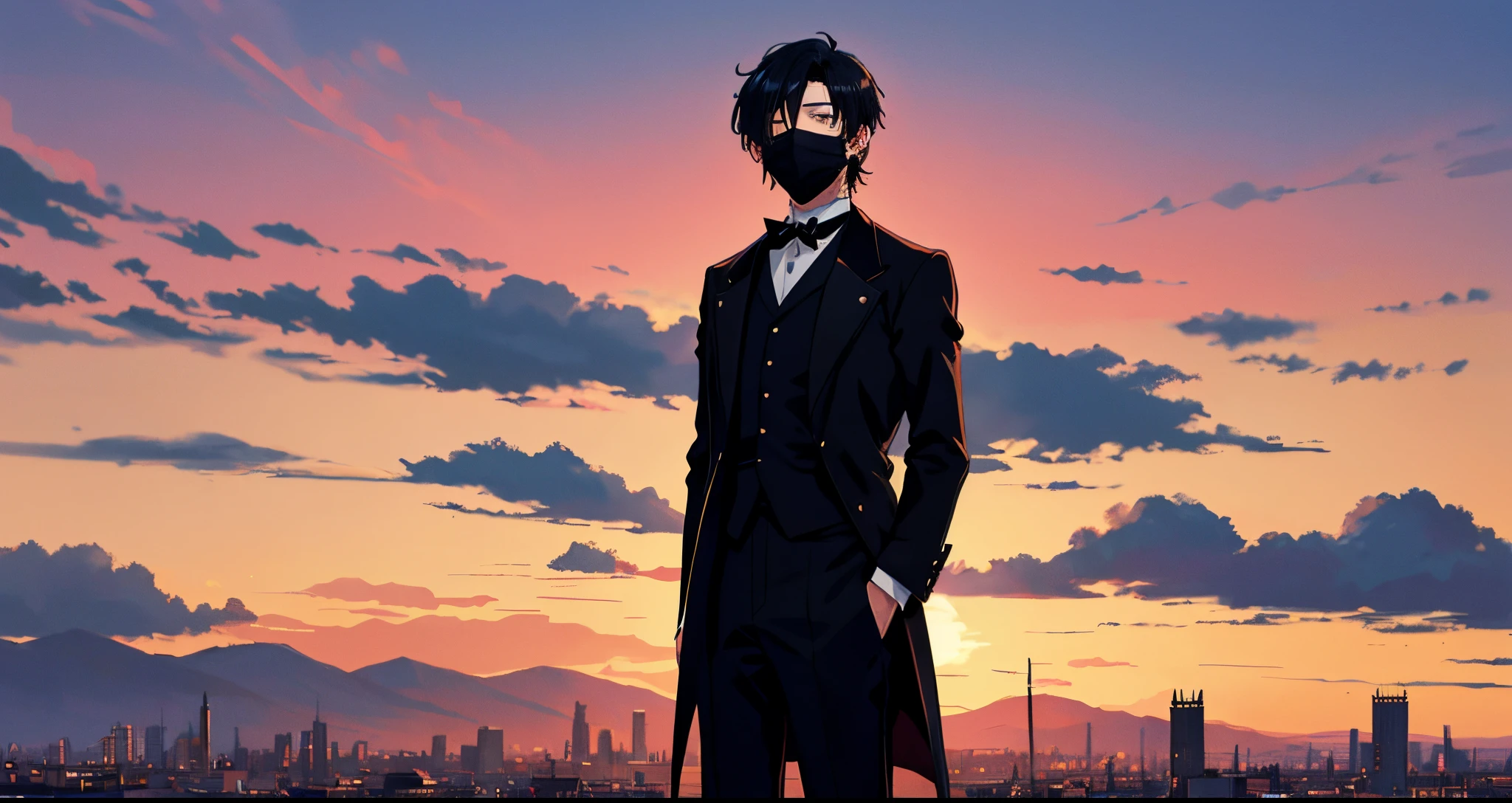 Moe-style anime villain boy with short black hair, Noble black clothes in Victorian style standing in the sky looking from above, com vista superior, don't show your face, don't show your eyes, boca, don't show your face, don't show your head, Hiding the feature with ONI mask