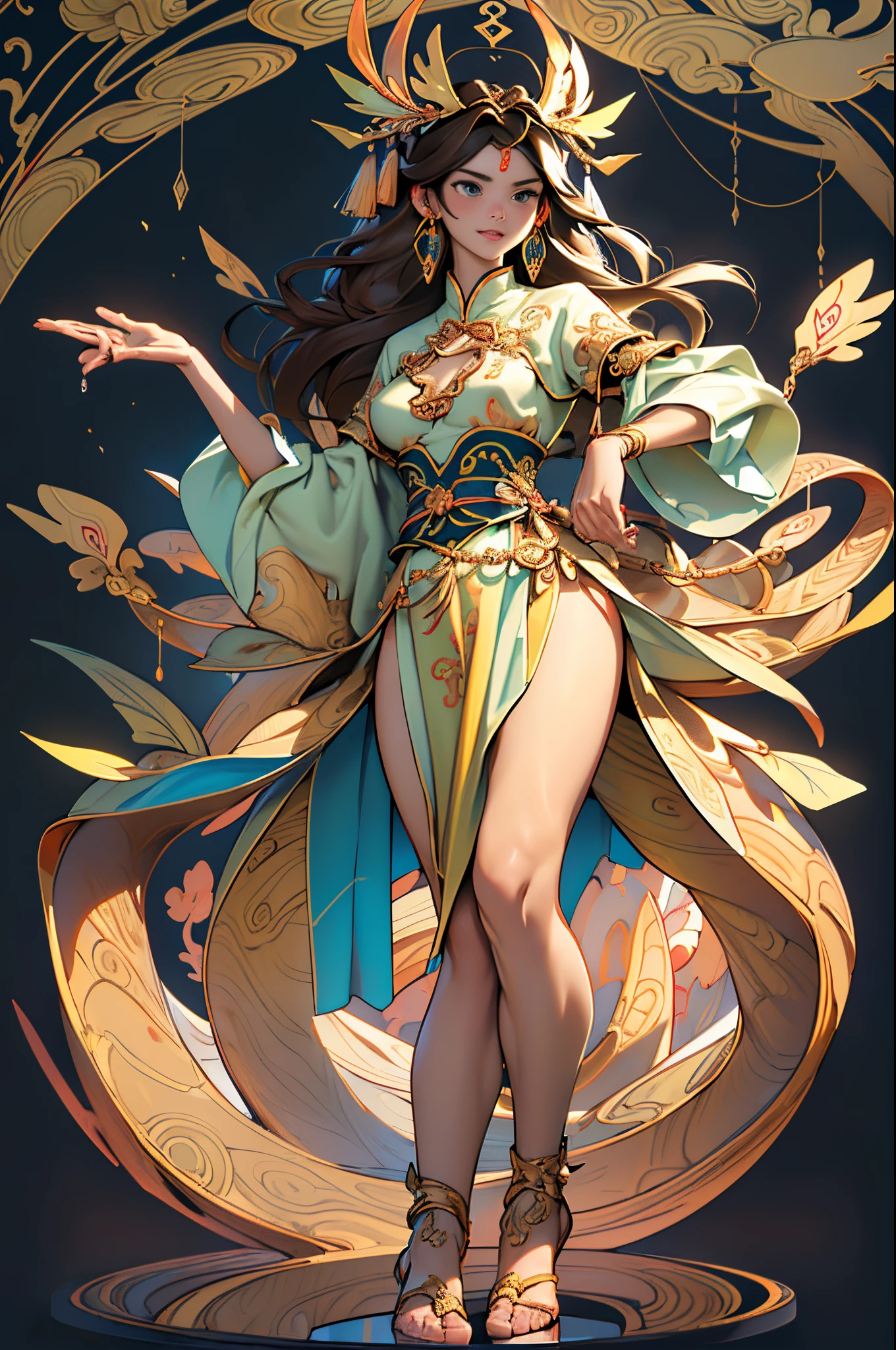 ((Sculpture design)),((full body portrait of person)),((undying)),((tmasterpiece)),(entire body image:1.6,Full body photo:1.6,From the feet to the top of the head:1.6),【Create a logo based on:femele(Nu wa),(goddess with human body and snake tail:1.5),(The lower body is a serpentine tail:1.6),(Chinese mythology),(Goddess Fan),(Jessica Alba:1.4),(gentleness),(maternal),(mature),(Perfect woman),(Long brown hair:1.4),big earrings,graceful stance,Dunhuang clothes,Dunhuang skirt,((Delicate and intricate headdress)),((symbol of god)),Great Wilderness East Meridian:0.4】,((tangled,datura,Tangles,entangled)),(Computer graphic arts:1.4), (s fractal art: 1.3),(( Best quality at best,32K,Highest high resolution,hyper HD,)), (( Professional Quality,Perfect photography, ray traycing, perfect volumetric lighting, hight quality octane render, High quality vectors)), ((Complicated details,hyper-detailing:1.2,Intricate details:1.2)), ((Ultra photo realsisim,photorealestic,3Drenderingof)),((epic image)),(Blind box toy style:1.5),((simple backgound,deep dark background:1.2,with black background)),详细的脸, 詳細な目,Clean skin,(correct hand:1.6),(Complete and beautiful five fingers:1.6),(anatomically correct limbs:1.5),(Anatomically correct perspective and occlusion:1.5),(Correct anatomy:1.5),(Add a base:1.6),(base:1.6),((base:water element and earth element)),((Less skin exposure)),