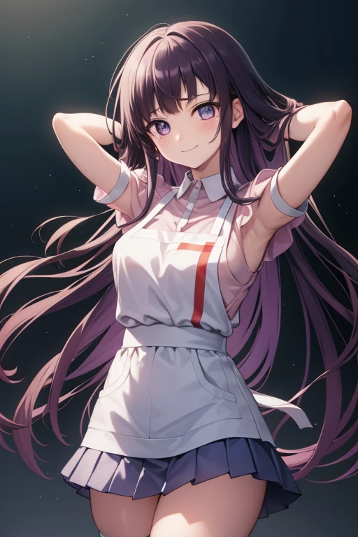 mikantsumiki, mikan tsumiki, long hair, purple hair, (purple eyes:1.1), bangs, blunt bangs, smile, shy
BREAK apron, bandaged leg, bandages, collared shirt, miniskirt, pink shirt, pleated skirt, puffy short sleeves, puffy sleeves, shirt, short sleeves, skirt, two-tone shirt, white apron, white shirt,
BREAK looking at viewer,
BREAK forest, dark sky, contrapposto, smile, spread armpits, cowboy shot, sleeveless, arms behind head,
BREAK (masterpiece:1.2), best quality, high resolution, unity 8k wallpaper, (illustration:0.8), (beautiful detailed eyes:1.6), extremely detailed face, perfect lighting, extremely detailed CG, (perfect hands, perfect anatomy),