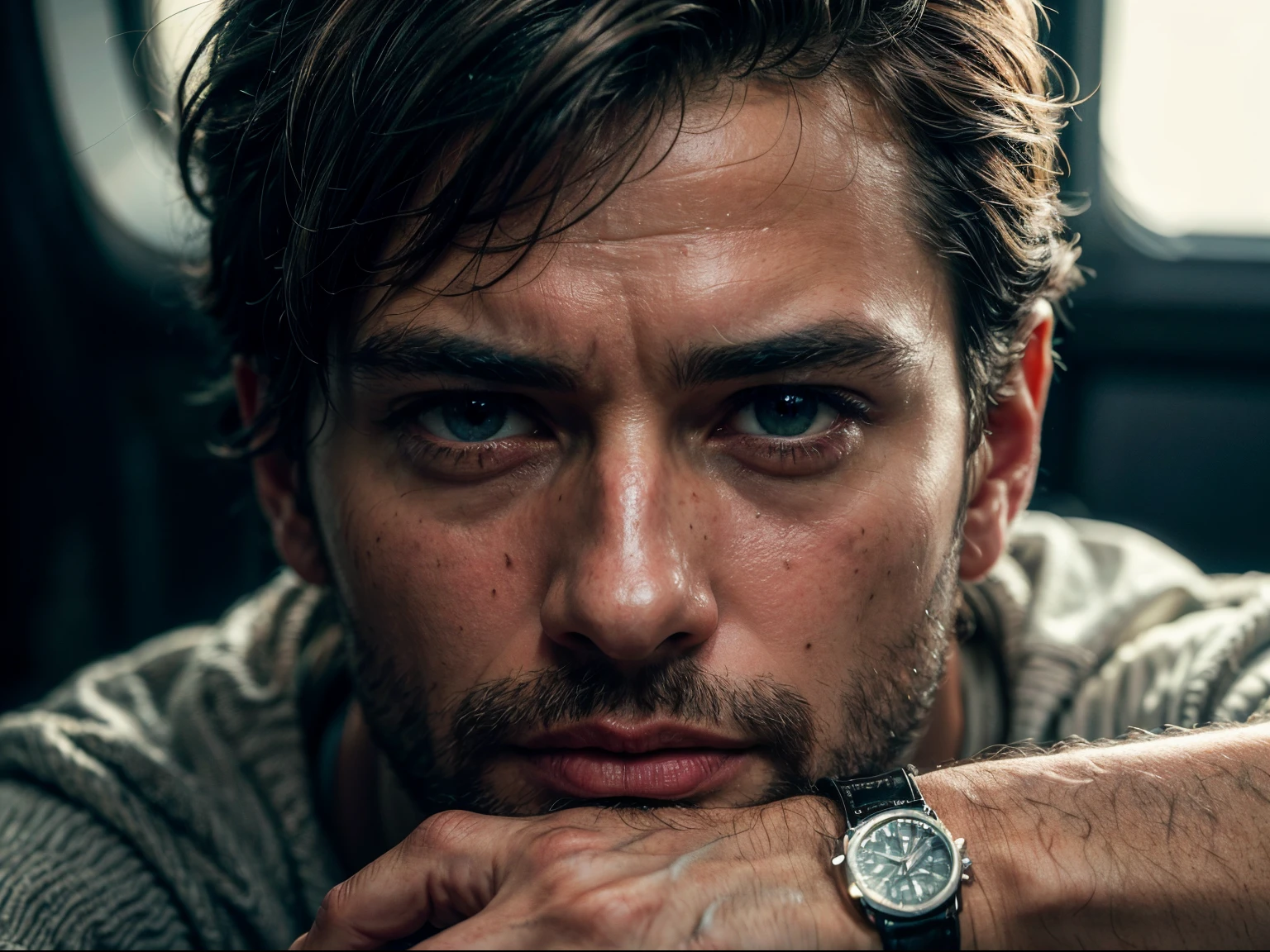 a close-up photo of a man's hands, (30yo man) portrait,((high contrast)), (deep, darkest shadows), (35mm film), high contrast,((taken using Leica camera, aperture: f/2.8)) ,(kkw-ph1:0.9), hyper-realistic skin, (he's wearing a luxurious expensive watch with a leather band on his wrist:1.2), extreme close-up, (strong hands)), forearms veiny), he's in dark with natural light glow, radiant skin , (masculine features), (relaxed , composed, ), (hyper-detailed:1.6, (naturally backlit)), (highest quality: 1.2), accent highlights, shadows, film quality, cinematic, powerful image, strong man, minimal, atmospheric air, (ultra-realistic ,soft accent light, natural lighting, (stunning watch lighting)), (highest quality),, High-realism skin, (ultra-realistic skin ), stylish elegance, Finely detailed,(Fine-grained), (highest detail skin texture peach-fuzz, freckles, skin realistic,) ○○ res – ultra high high resolution , very high texture (highlights resolution), Photorealistic hands and fingers, perfect fingers – (photorealistic 4k) , 8K,extreme detail, close and intimate, close-up, perfectly framed, handsome strong masculine hands, callus, rough, strong, a work of art, beautiful composition, solo man, (highest quality fabric texture),, every detail,Fine facial features, – (Highest Quality) ,Leica camera film, High quality ○○ detailed – ○○ details ultra detailed(Ultra-fine ), Photorealistic, Extremely detailed(Extremely detailed) , (highest detail image, lens flare, realistic)○○ res – ○○ resolution ultra high res(A high resolution), intimate and relaxed