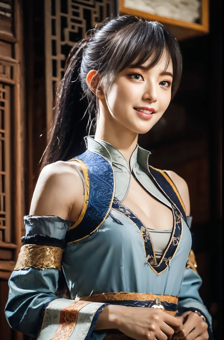 lovely and beautiful woman, full body photo, delicate and sexy collarbone, attractive oval face, double eyelids, smart peach blossom eyes, pink lips, small nose, bare shoulders, focused face, face up, smiling, pretty face. ultra high definition, super detail, elegant standing posture, ancient Chinese clothes lace top, ancient Chinese scenery, holding ancient long sword, (full bodyesbian:1.4),