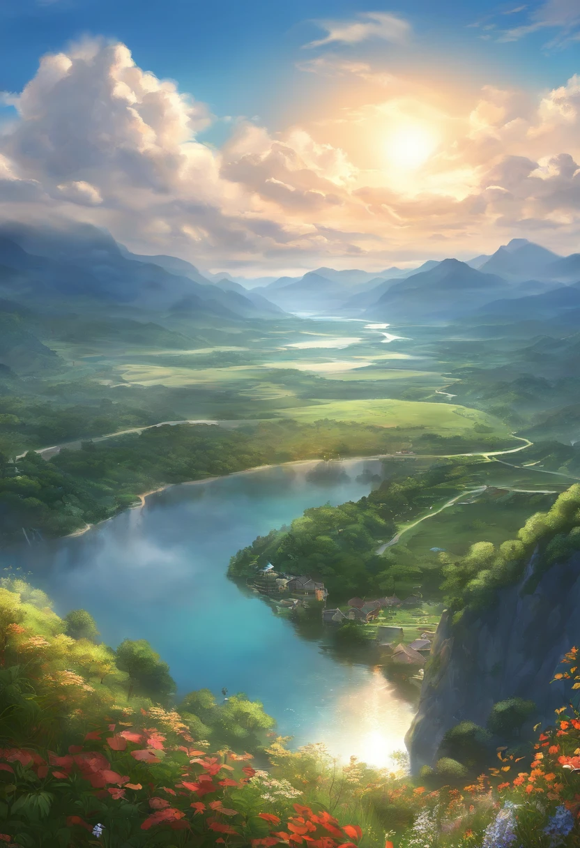 ((Anime Landscape Wallpaper: 1.2, width 672, Beautiful UHD 4K art: 0.8), (Anime Village Landscape, The Nature of Anime, the anime), Anime Cloud, landscape artwork, Epic landscape), (anime art style, Detailed landscape, Beautiful fluffy clouds: 1.2, Landscape background), well lit, Bright picture (field, Painting depicting mountains and rivers, Anime theme), )