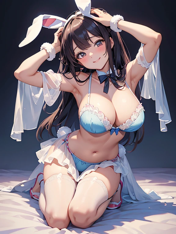 Cheerful bunny girl, caring smile, sexy bunny, chiffon, Tulle, large breast, kneelig down on her knee, leaning her head slightly, from below view , look up from navel to bra top