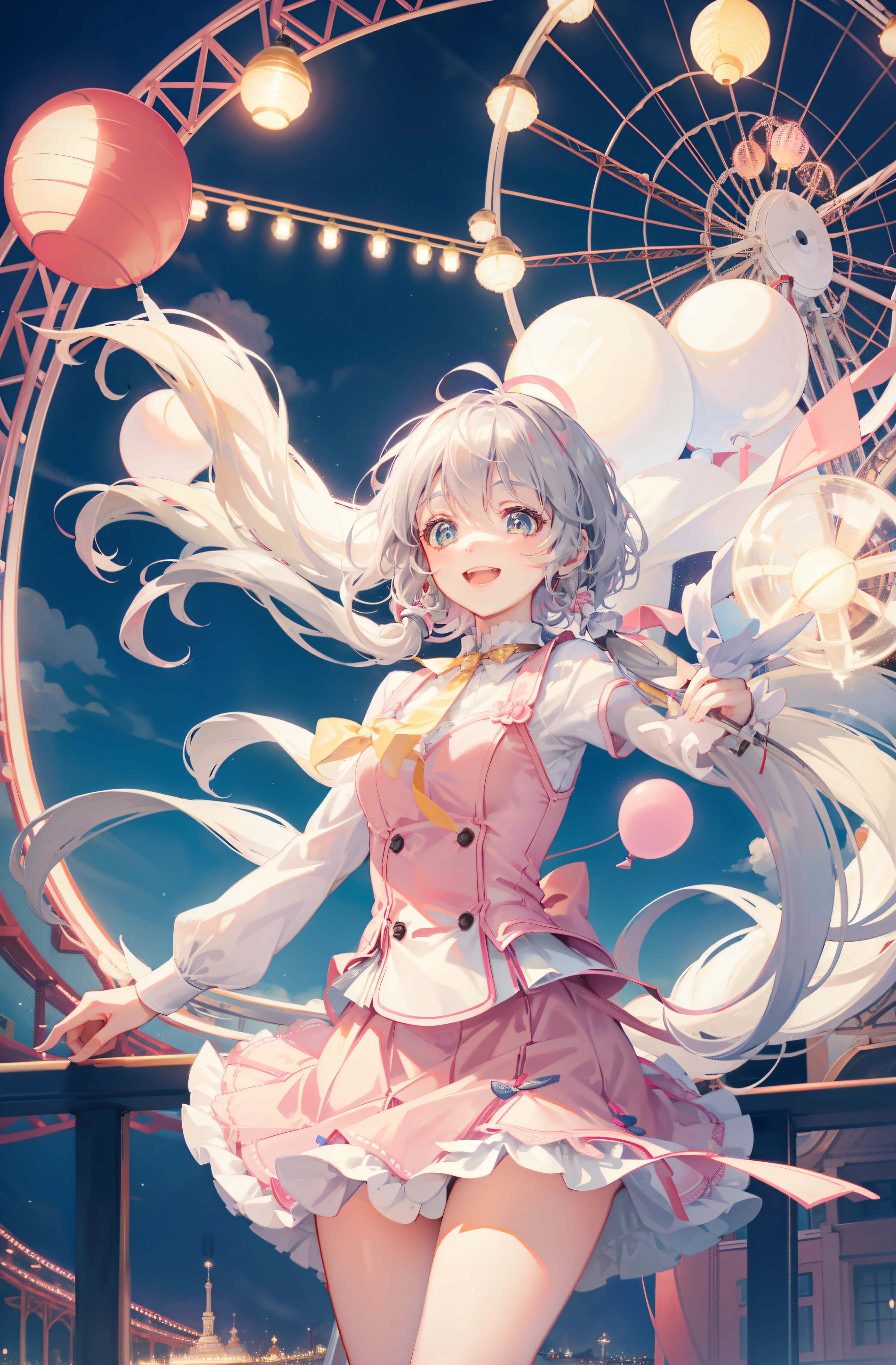 An amusement park,Ferris wheel,natta,many light bulbs,Romantic atmosphere,Short pink skirt,cute big breasts,laughing joyfully,holding balloons,gray-white hair