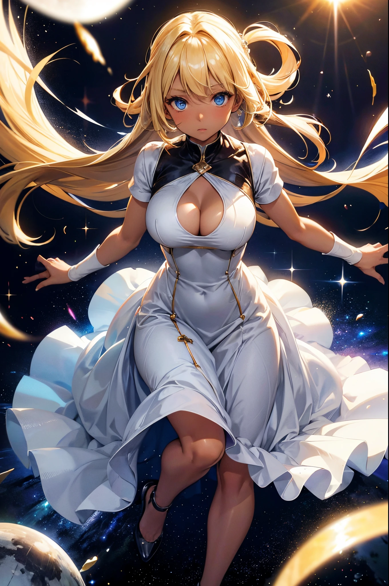 Female, Hime Cut Blonde hair, Blue eyes, dark brown skin, large breasts, wearing a formal white dress. The sun behind with a space background