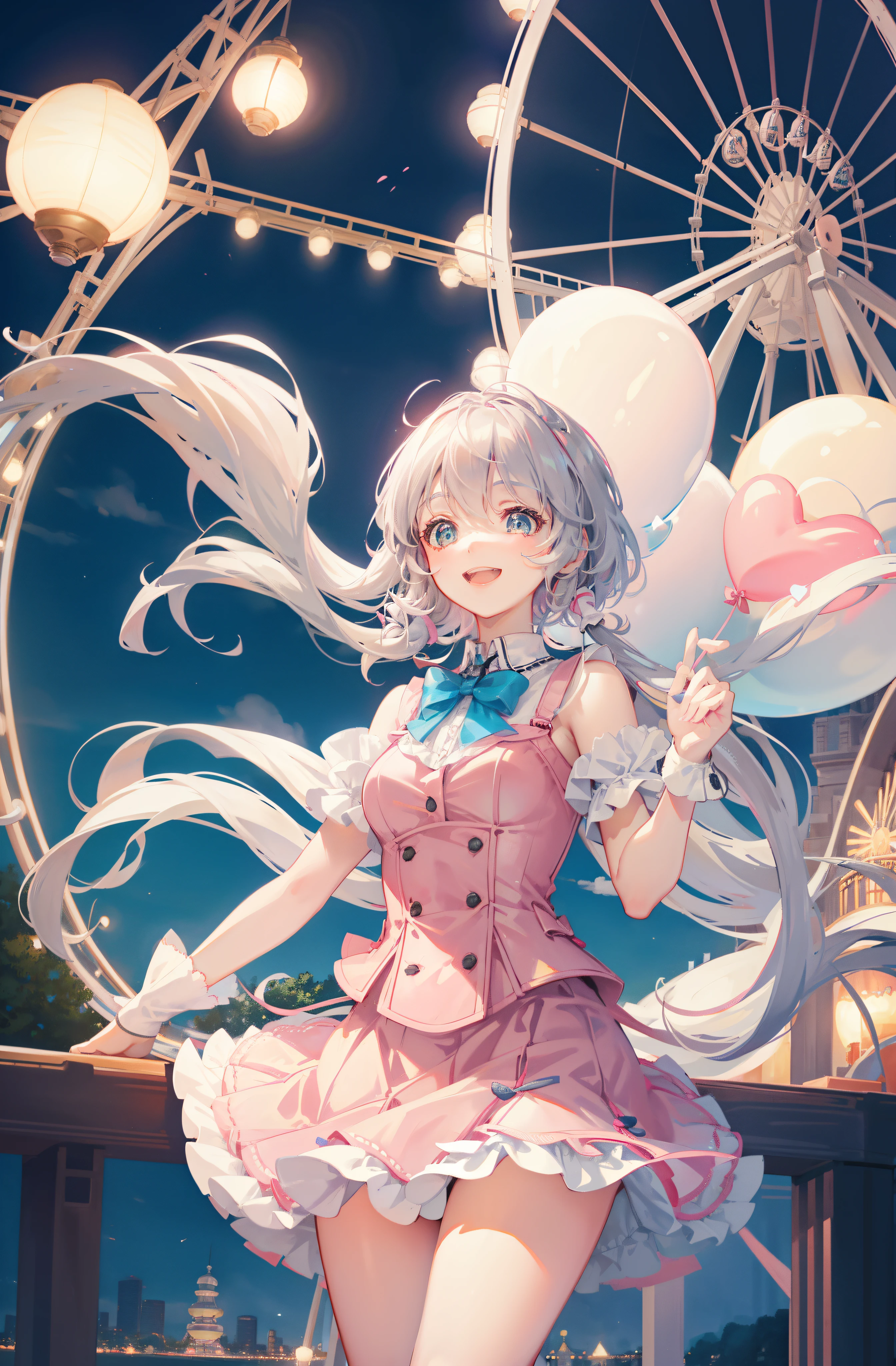 An amusement park，Ferris wheel，natta，many light bulbs，Romantic atmosphere，Short pink skirt，cute big breasts，laughing joyfully，holding balloons，gray-white hair