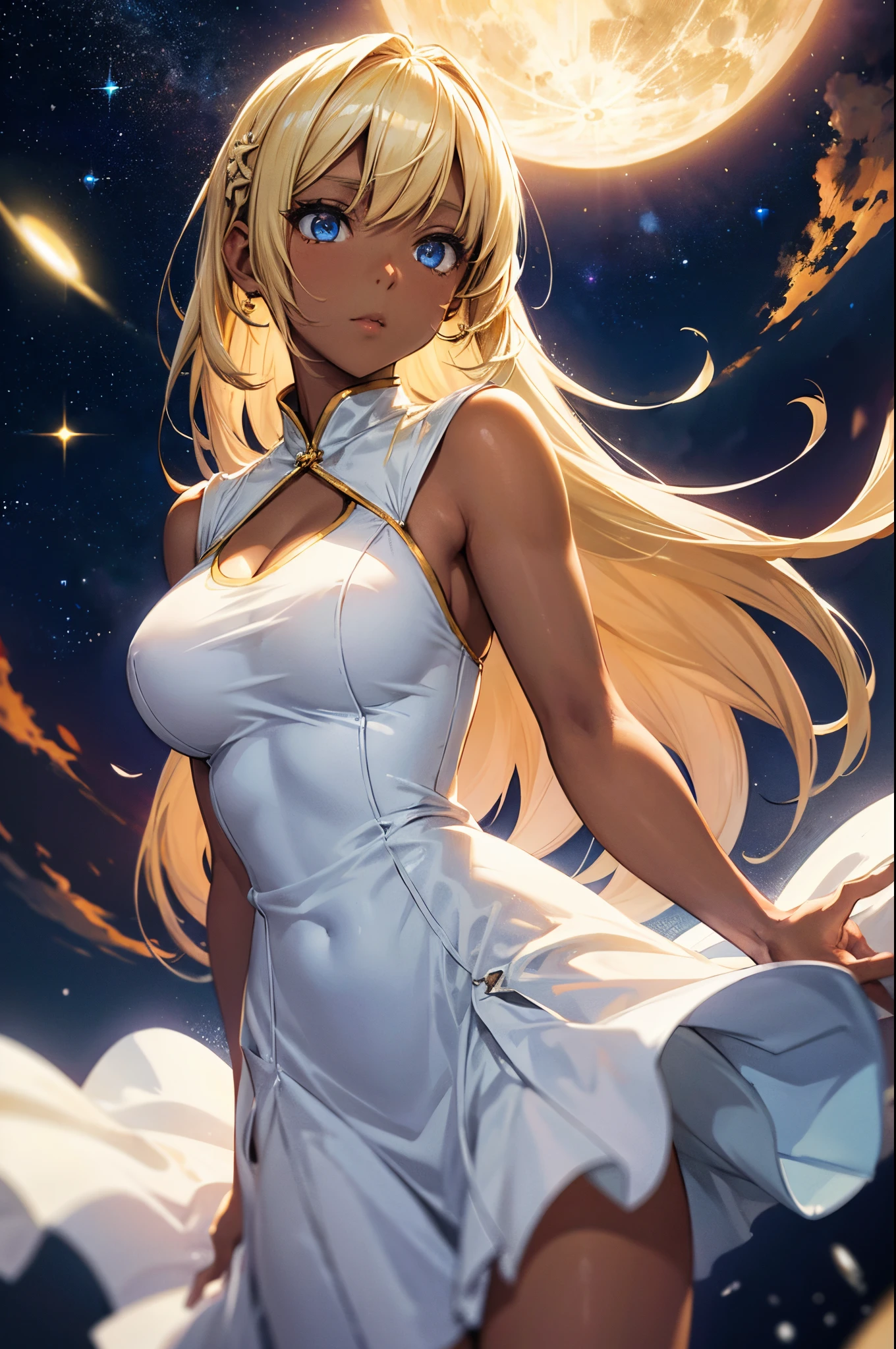 Female, Hime Cut Blonde hair, Blue eyes, dark brown skin, large breasts, wearing a formal white dress. The sun behind with a space background