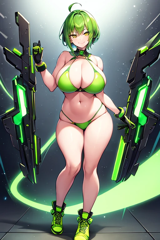 1girl, large breasts, wide hips, green hair, very short hair, short hair, yellow eyes, bikini, black bikini, neon trim, green neon trim, smile, smirk, smug, futuristic, science-fiction, tech, machinery, shoes, sneakers, green neon trim, green trim, full body