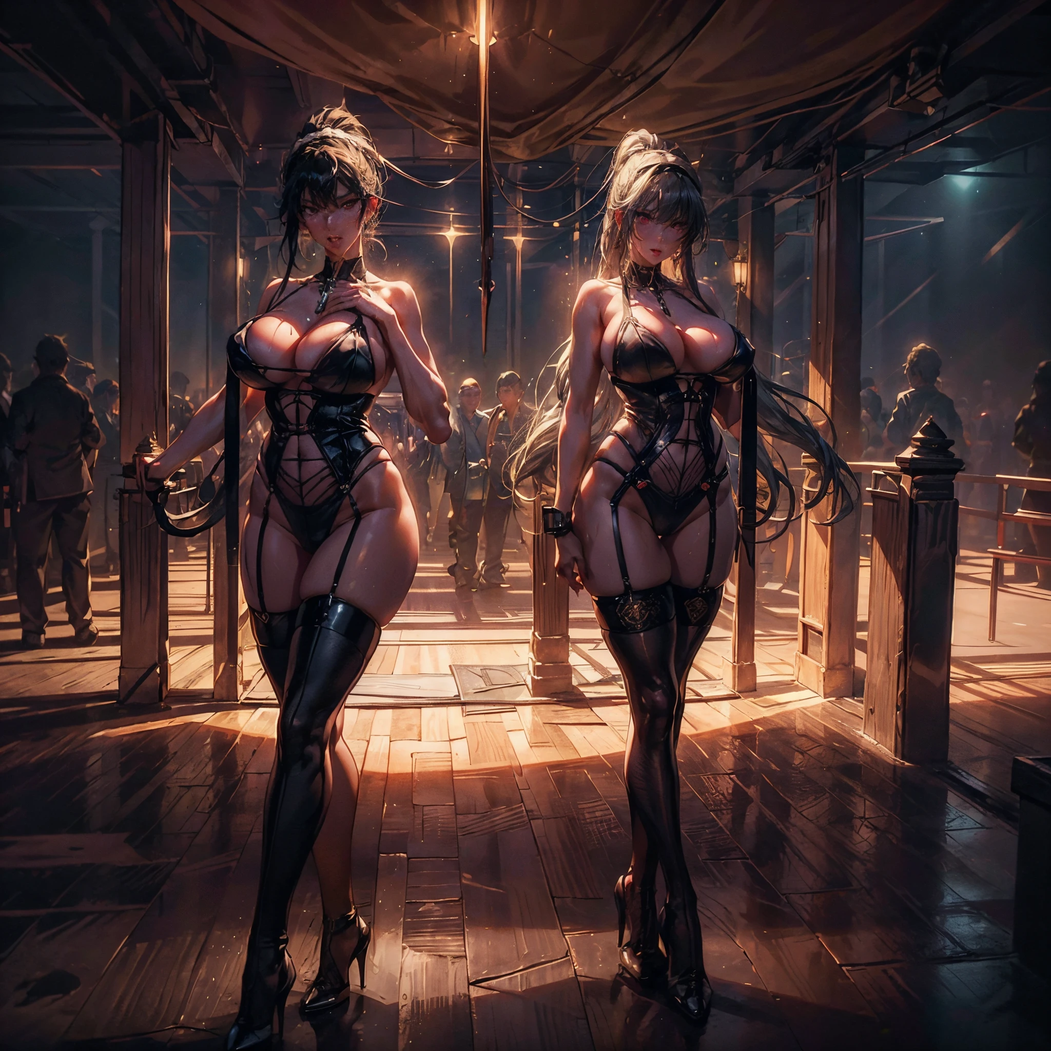 (Yor Forger, spy x family, black hair, black stockings, Yor, Looking at Viewer, blushing, Black hair, Red Eyes, Jewelry, 鎖骨, side locks, white hairband, earrings, short hair), strip club background, (dark background), moody background, pole dancing in a strip_club_venue, (covered in dollar bills:1.25), watched by a crowd of men wearing suits, in a strip_club_venue, a bar with a lot of lights and a lot of chairs, Yor in foreground, other dancers in the background, blonde background dancers, 8K, top less, yor walking, holding tray, black lingerie, translucent lingerie, ((Realism:1.5)), Venus Body, (true to life:1.2), best quality,tmasterpiece:1.2, high detail, realistic skin, blond hair, ponytail, braid, (full body shot shot:1.1), rendering by octane, Extremely detailed CG, Unity 8k wallpaper, She has massive breasts, Big ass full breasts, (Studio soft light, rays of sunshine:1.2), ((huge tit:2.5)), ((gigantic cleavage breasts:2.5)), erect nipples, Has huge sagging breasts, Breasts enlarged, Overflowing breasts, Camel hooves, (Garter stockings), wet tongue, drooling, detailed saliva, vibrant colors, realistic lighting, high heels, full body shot, Forward-facing, spreading their legs, Raise both hands, hyper realistic detailed, Giant Breast Girl, (being thin:1.3), detailedbackground, (sobu:1.1), best quality, realistic, physically-based rendering, moisture running down the body, glistening skin, sweating, beads of sweat
