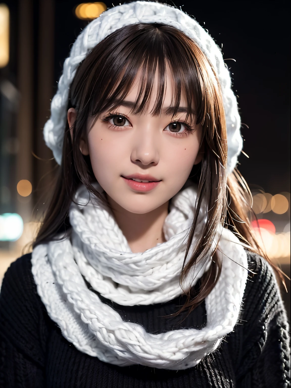 1 japanese girl,(Black sweater:1.4),(She wears a knitted snood around her neck to hide her chin..:1.5), (Raw photo, Best Quality), (Realistic, Photorealsitic:1.4), masutepiece, extremely delicate and beautiful, Extremely detailed, 8k wallpaper, amazing, finely detail, extremely detailed CG Unity, hight resolution, Soft light, Beautiful detailed 19 year old, extremely detailed eye and face, beautiful detailed nose, Beautiful detailed eyes,Cinematic lighting,city light at night,Perfect Anatomy,Slender body,Smiling  (hair messy, asymmetrical bangs, light brown hair,)