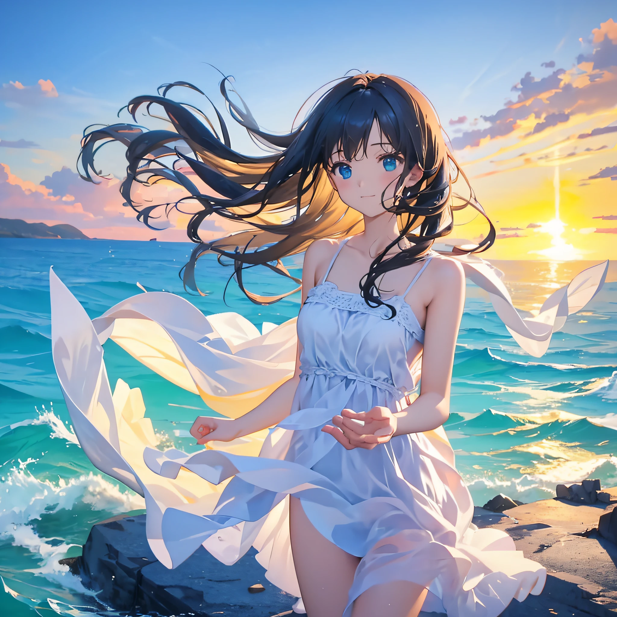 Stunning coastline and endless ocean, You are standing next to a crystal clear piano on the shore. Piano keys are bright and warm. when you lightly touch the keys, The notes ripple, Skimming the ocean, resonate deep in your soul. Your body initially feels heavy, like stone, but every piano note, The power of gentleness, like a spring breeze, Touch your face. This energy travels through your body, make it softer、vivaciousness. With the ocean as a backdrop, your body becomes more flexible, your hair dances in the breeze, Your eyes reveal peace and tranquility. You become one with the music, Become one with the ocean, Revel in the joy and lightness of the piano's touch. The scene is dominated by warm blue, Where the sea and the sky merge, Symbolizes infinite possibilities. The sun shines on the water, cast bright, The scene is filled with warm light.