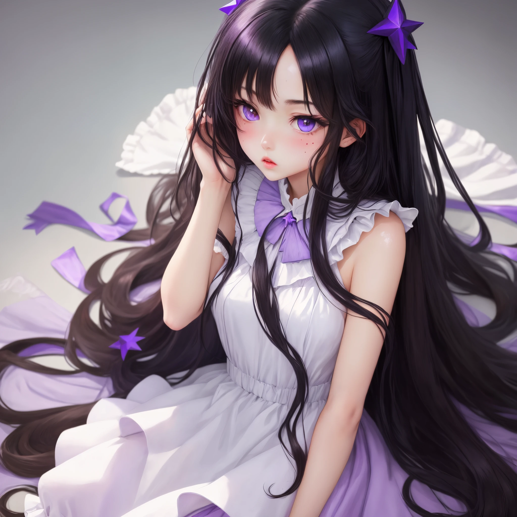 anime girl with long black hair, styled in a hime cut. Wearing a white frilly dress. Eyes pale purple. Pale purple birthmark on her forehead in the shape of an elongated star.